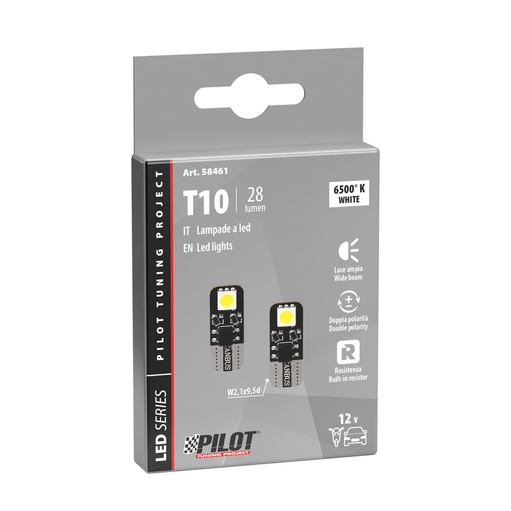 12V Hyper-Led 6 - 2 SMD x 3 chips - (T10) - Bifocus - W2,1x9,5d - 2 pz - Scatola - Bianco - Doppia polarità - Resistenza incorporata
