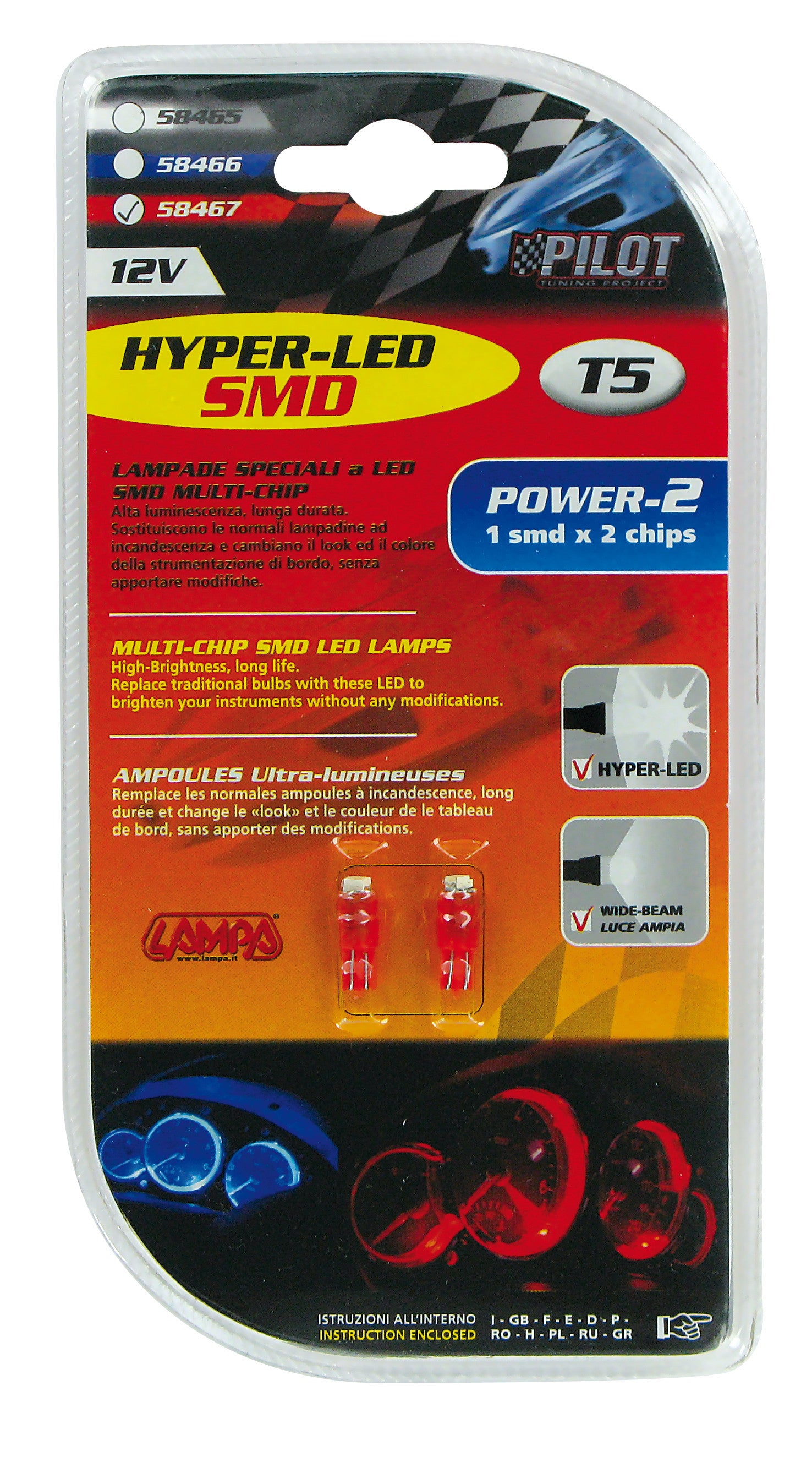 12V Hyper-Led 2 - 1 SMD x 2 chips - (T5) - W2x4,6d - 2 pz - D/Blister - Rosso
