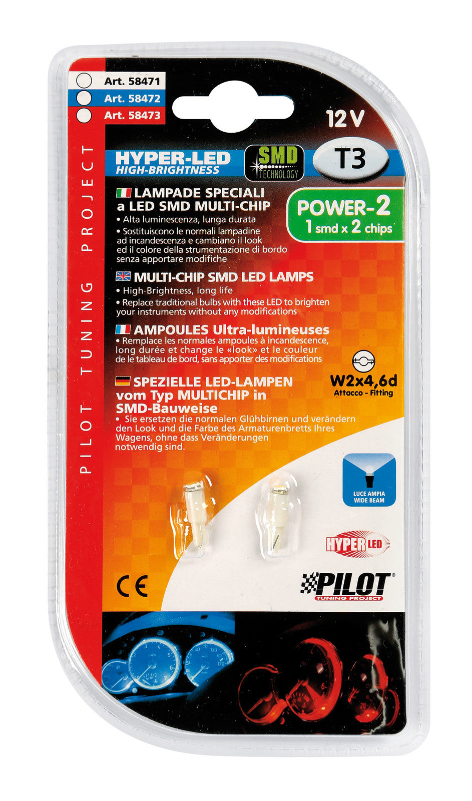 12V Hyper-Led 2 - 1 SMD x 2 chips - (T3) - W2x4,6d - 2 pz - D/Blister - Blu