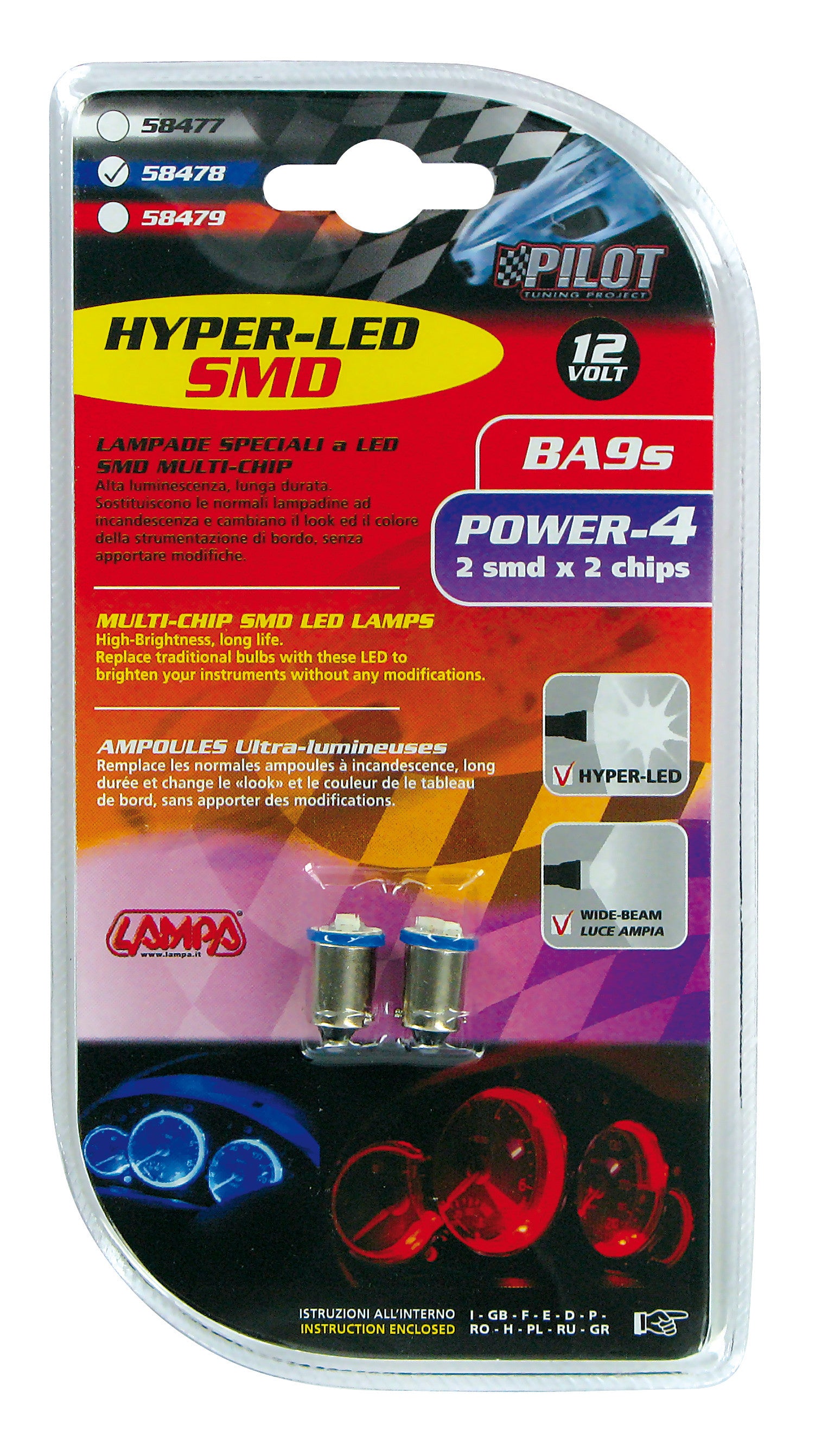 12V Hyper-Led 6 - 2 SMD x 3 chips - BA9s - 2 pz - D/Blister - Blu