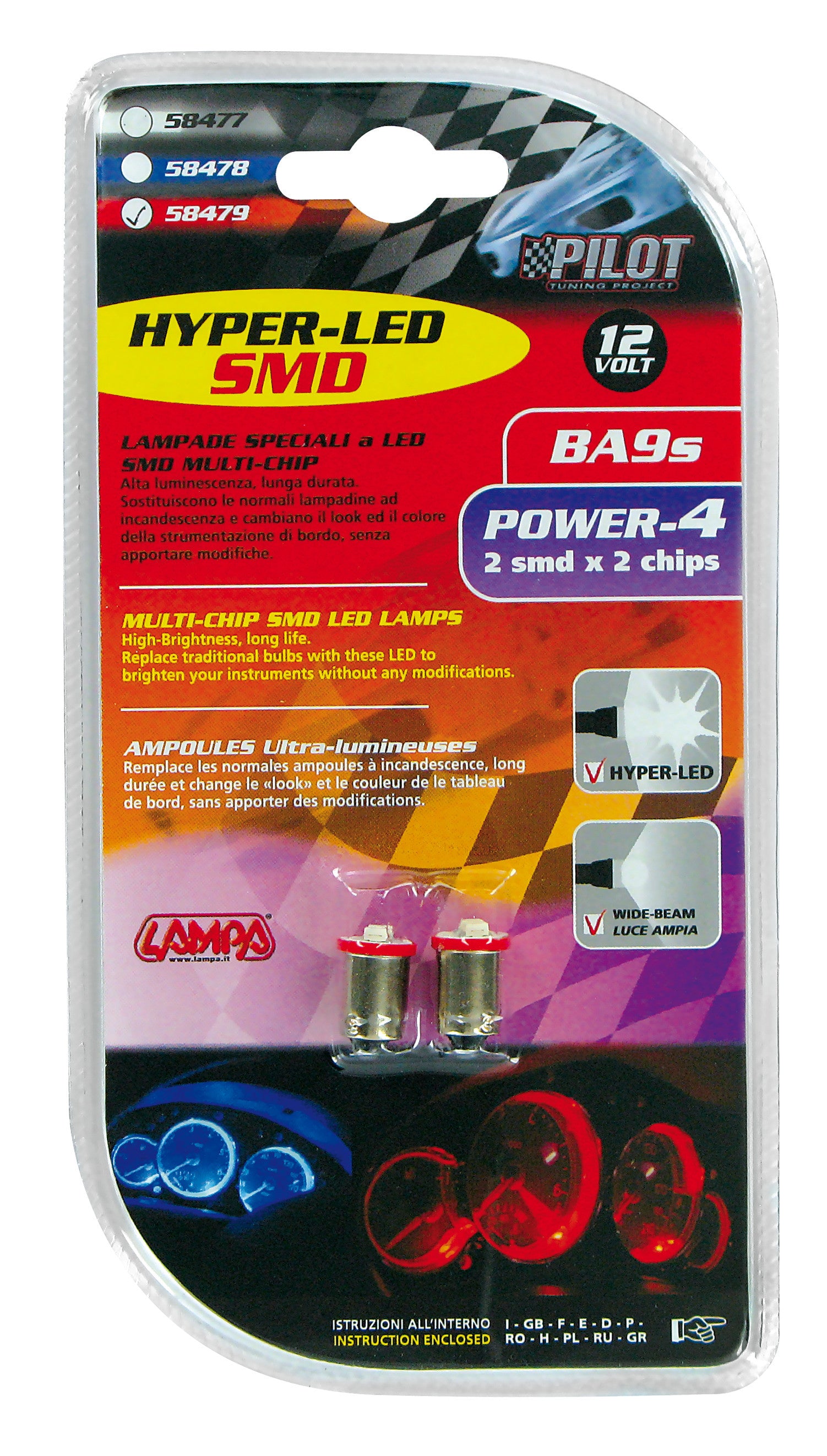 12V Hyper-Led 6 - 2 SMD x 3 chips - BA9s - 2 pz - D/Blister - Rosso