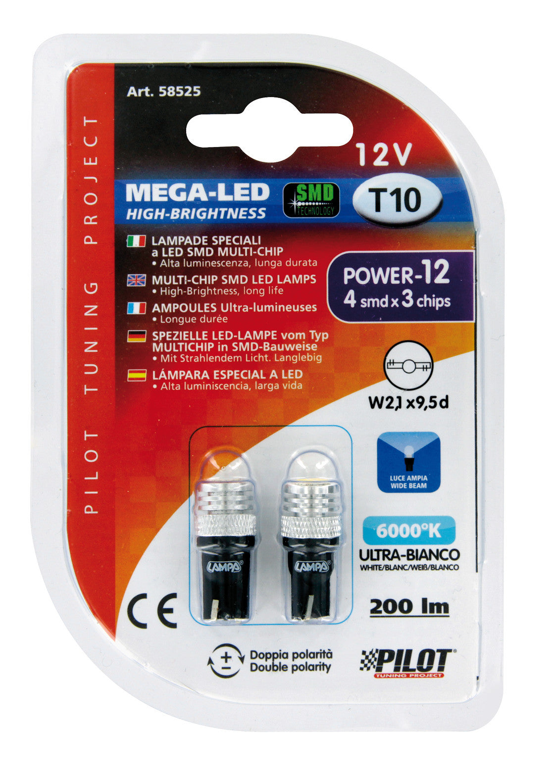12V Mega-Led 12 - 4 Smd x 3 chips - (T10) - W2,1x9,5d - 2 pz - D/Blister - Bianco - Doppia polarità