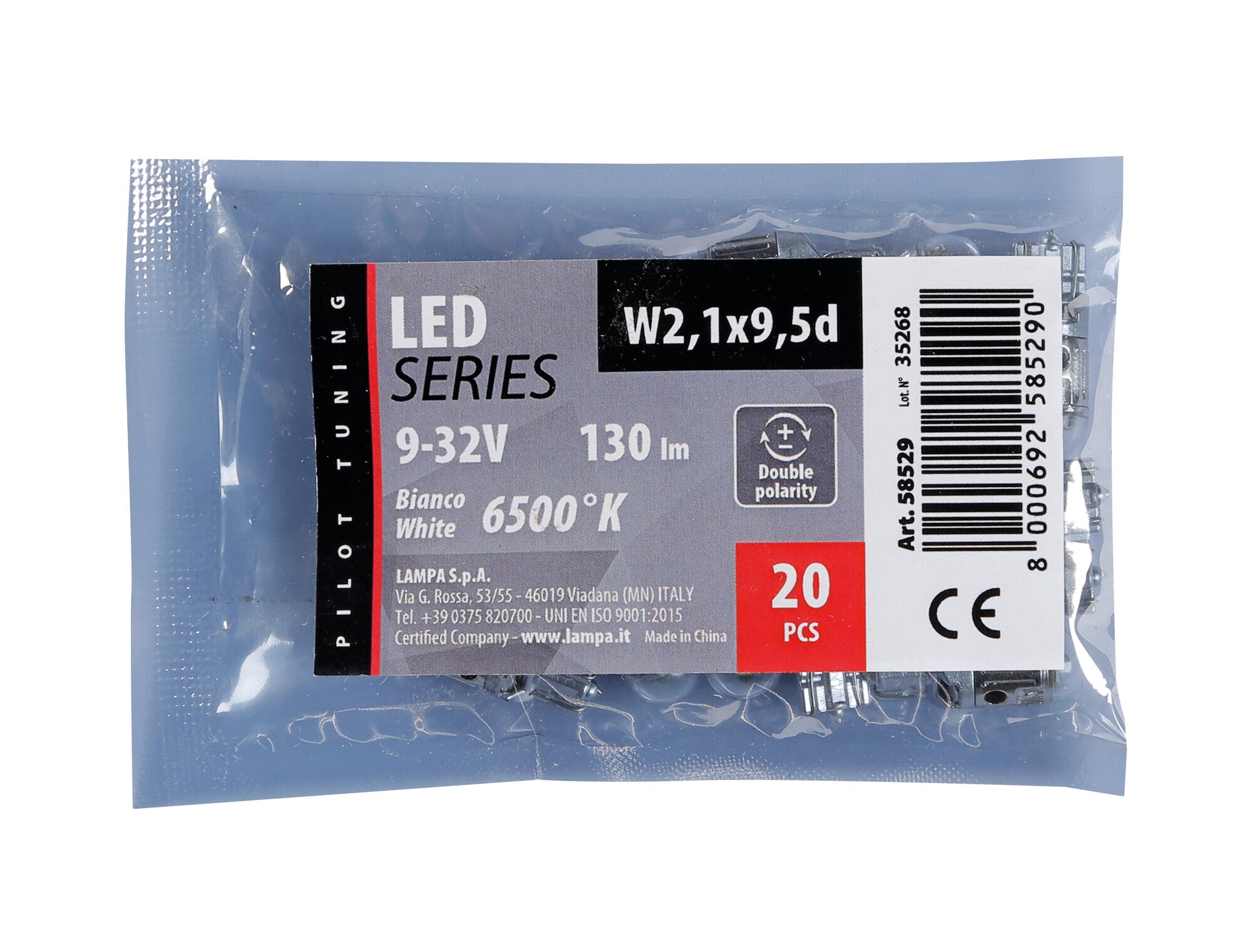 12/24V Mega-Led 9 - 1 Smd x 9 chips - (T10) - W2,1x9,5d - 20 pz - Busta - Bianco - Doppia polarità