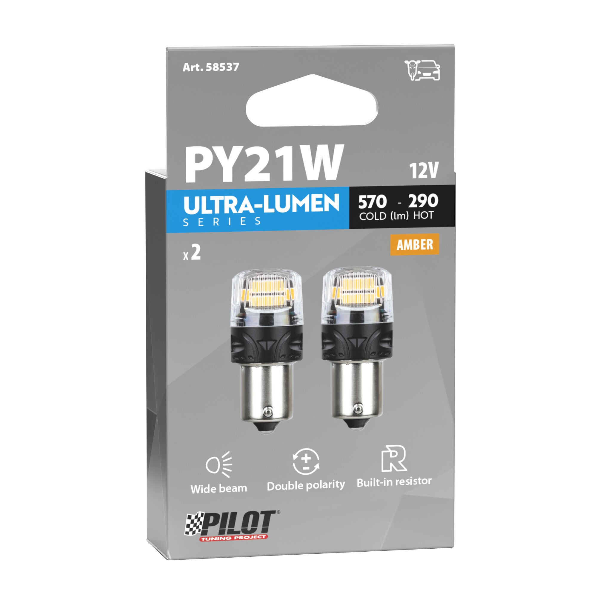 12V Ultra-Lumen Series - (PY21W) - BAU15s - 2 pz - Scatola - Arancio - Doppia polarità - Resistenza incorporata