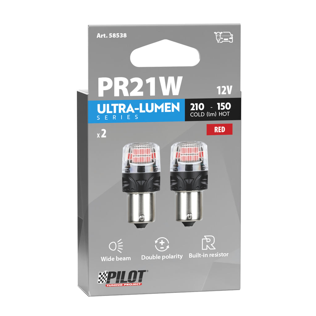12V Ultra-Lumen Series - (PR21W) - BAW15s - 2 pz - Scatola - Rosso - Doppia polarità - Resistenza incorporata