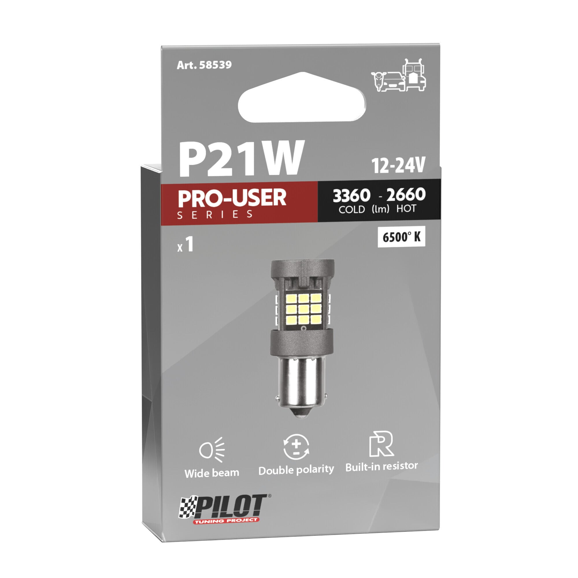 12/24V Pro-User Series - (P21W) - BA15s - 1 pz - Scatola - Bianco - Doppia polarità - Resistenza incorporata
