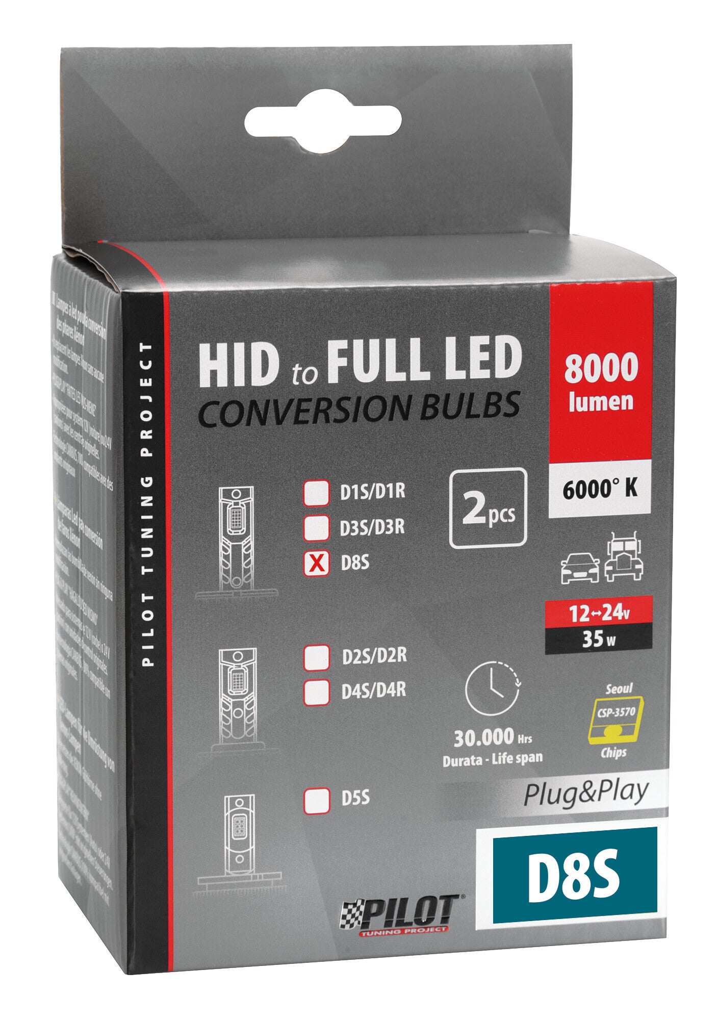 12/24V Lampade a Led per conversione fari Xenon - (D8S) - 35W - 2 pz - Scatola