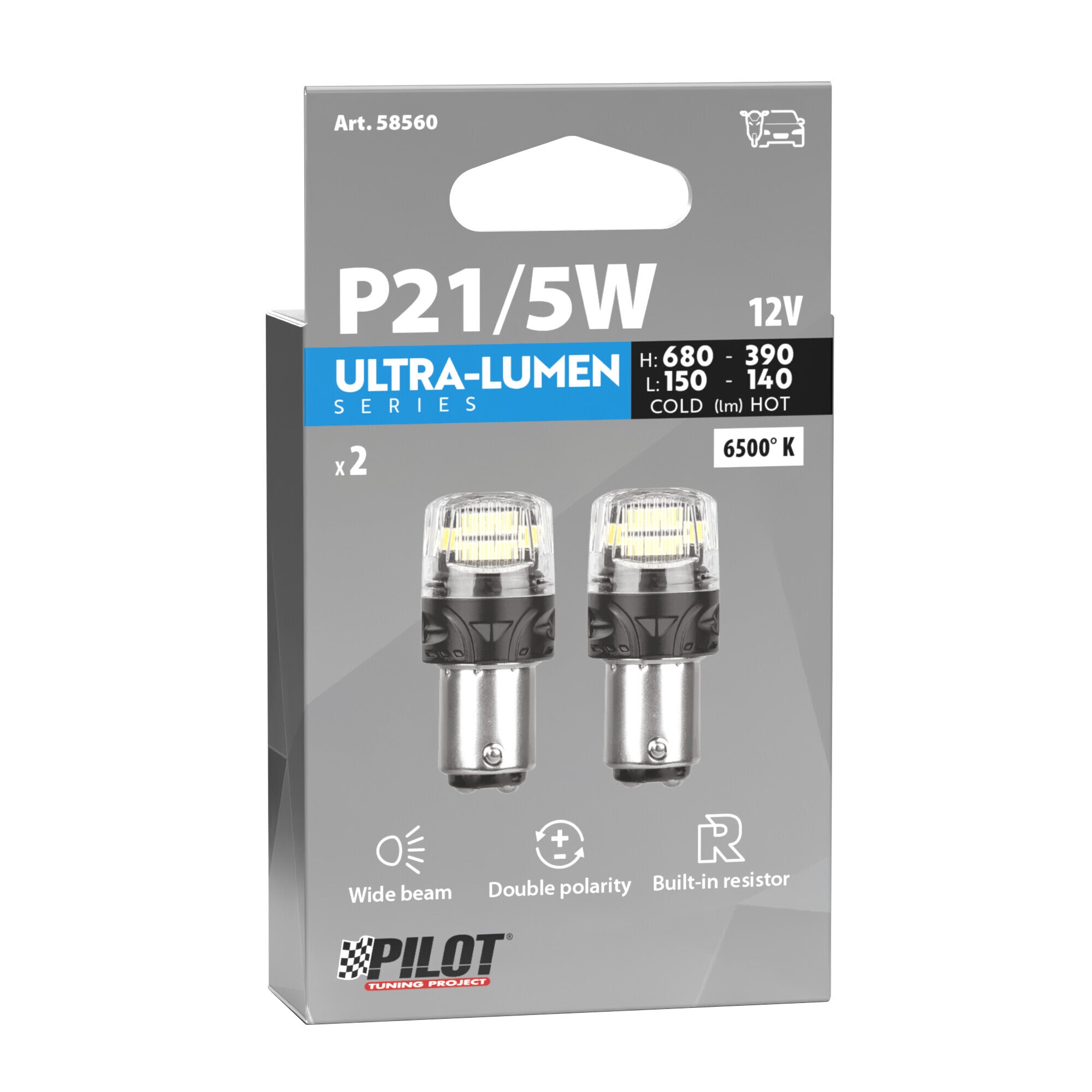 12V Ultra-Lumen Series - (P21/5W) - BAY15d - 2 pz - Scatola - Bianco - Doppia polarità - Resistenza incorporata