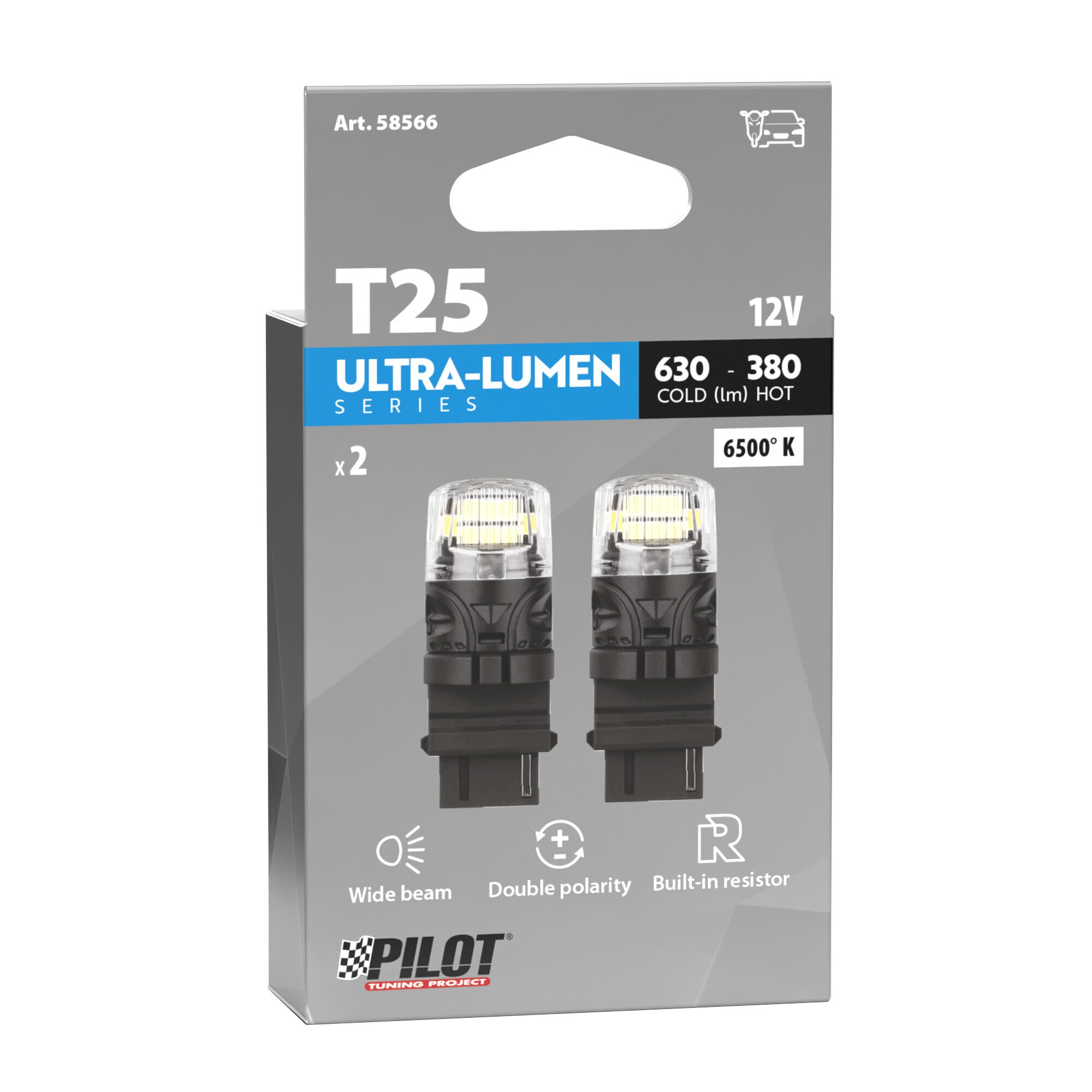 12V Ultra-Lumen Series - (P27W) - W2,5x16d - 2 pz - Scatola - Bianco - Doppia polarità - Resistenza incorporata