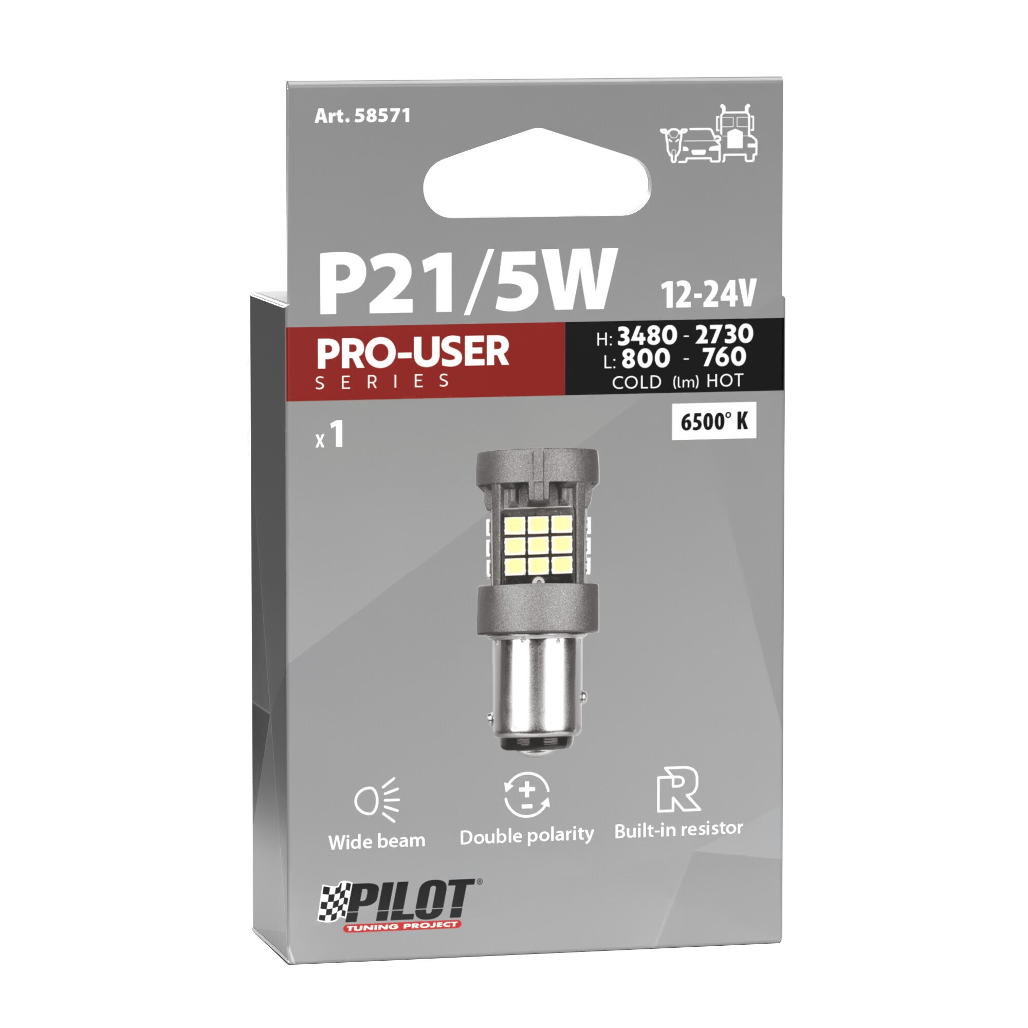 12/24V Pro-User Series - (P21/5W) - BAY15d - 1 pz - Scatola - Bianco - Doppia polarità - Resistenza incorporata