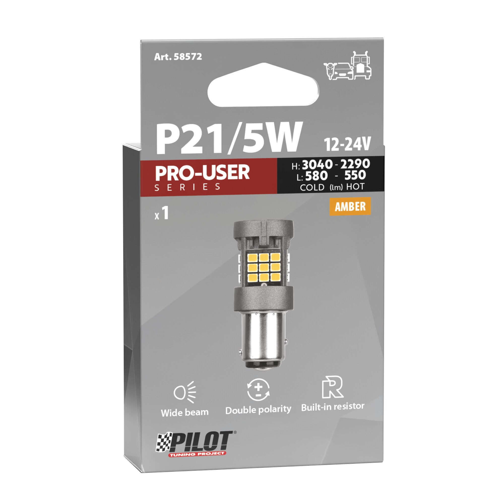 12/24V Pro-User Series - (P21/5W) - BAY15d - 1 pz - Scatola - Arancio - Doppia polarità - Resistenza incorporata
