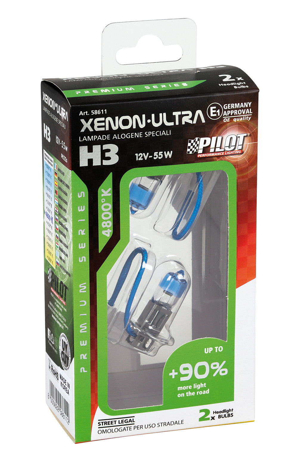 12V Lampada alogena Xenon Ultra +90% luce - H3 - 55W - PK22s - 2 pz - Scatola