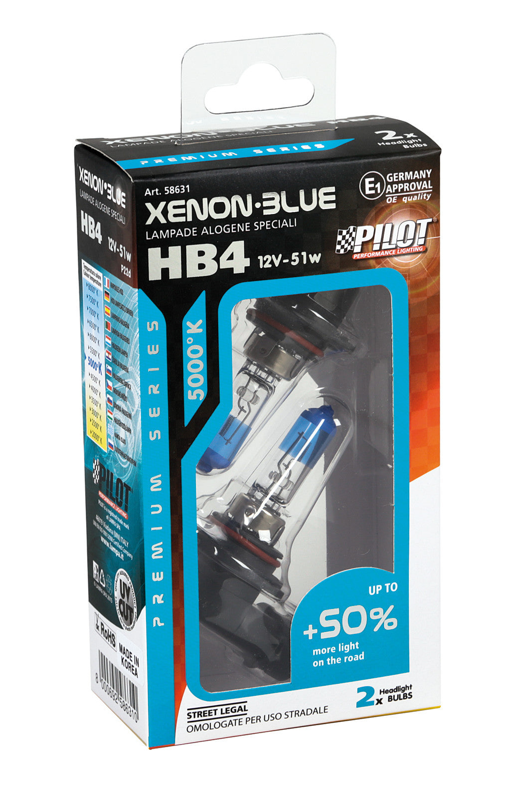 12V Lampada alogena Xenon Blue +50% luce - HB4 - 51W - P22d - 2 pz - Scatola