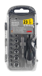 Set cricchetto con inserti e bussole, 23 pz