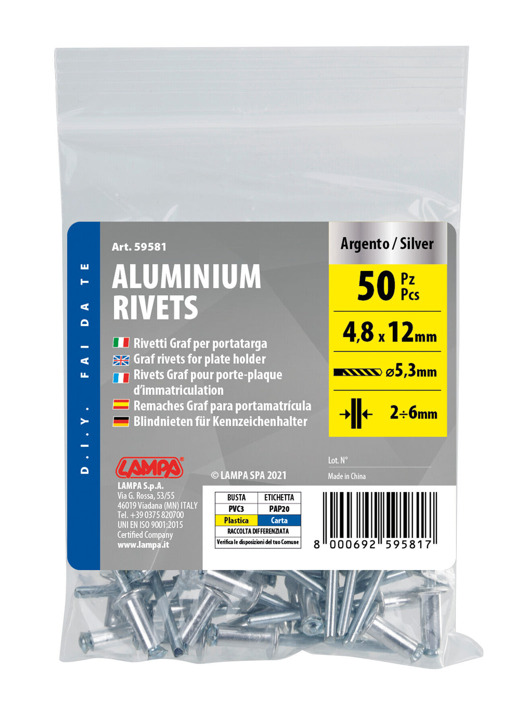 Aluminium Rivets, set 50 rivetti Graf per portatarga - Argento