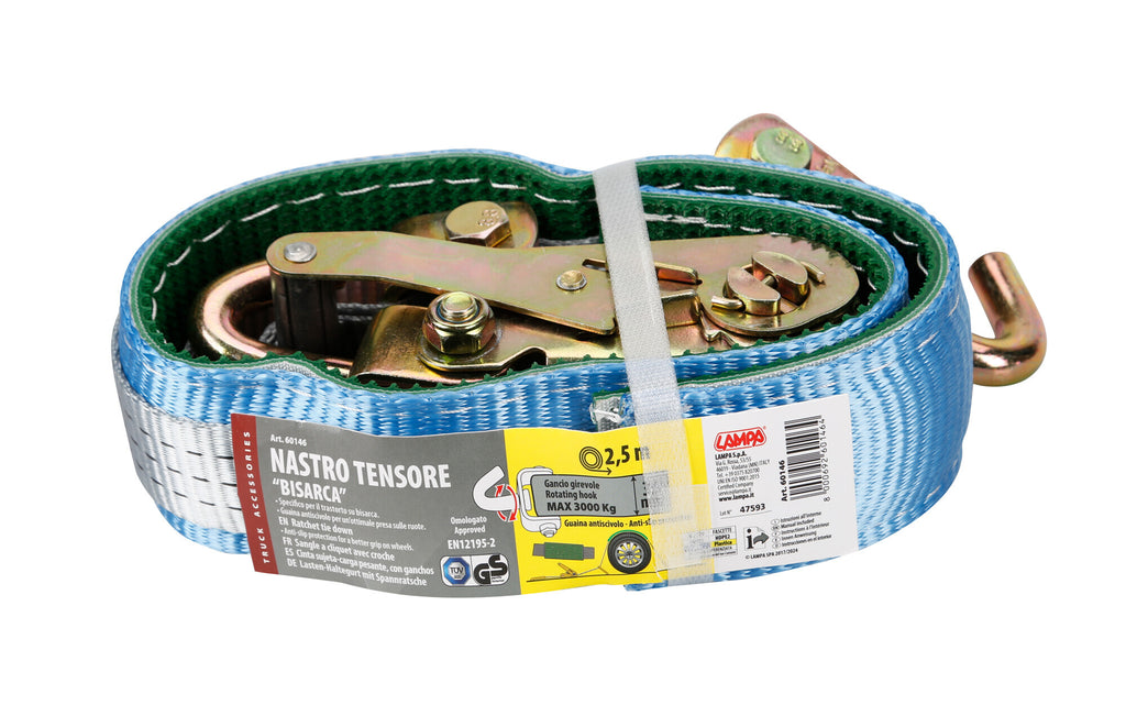 Nastro tensore con cricchetto per bisarca, gancio girevole - 3000 Kg - 3,5x250 cm