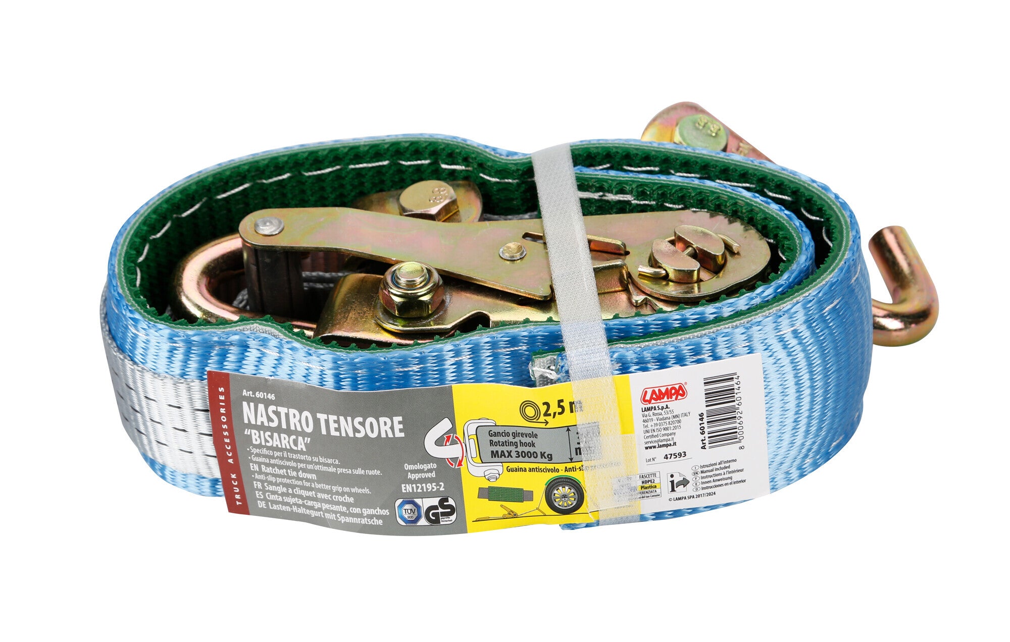 Nastro tensore con cricchetto per bisarca, gancio girevole - 3000 Kg - 3,5x250 cm