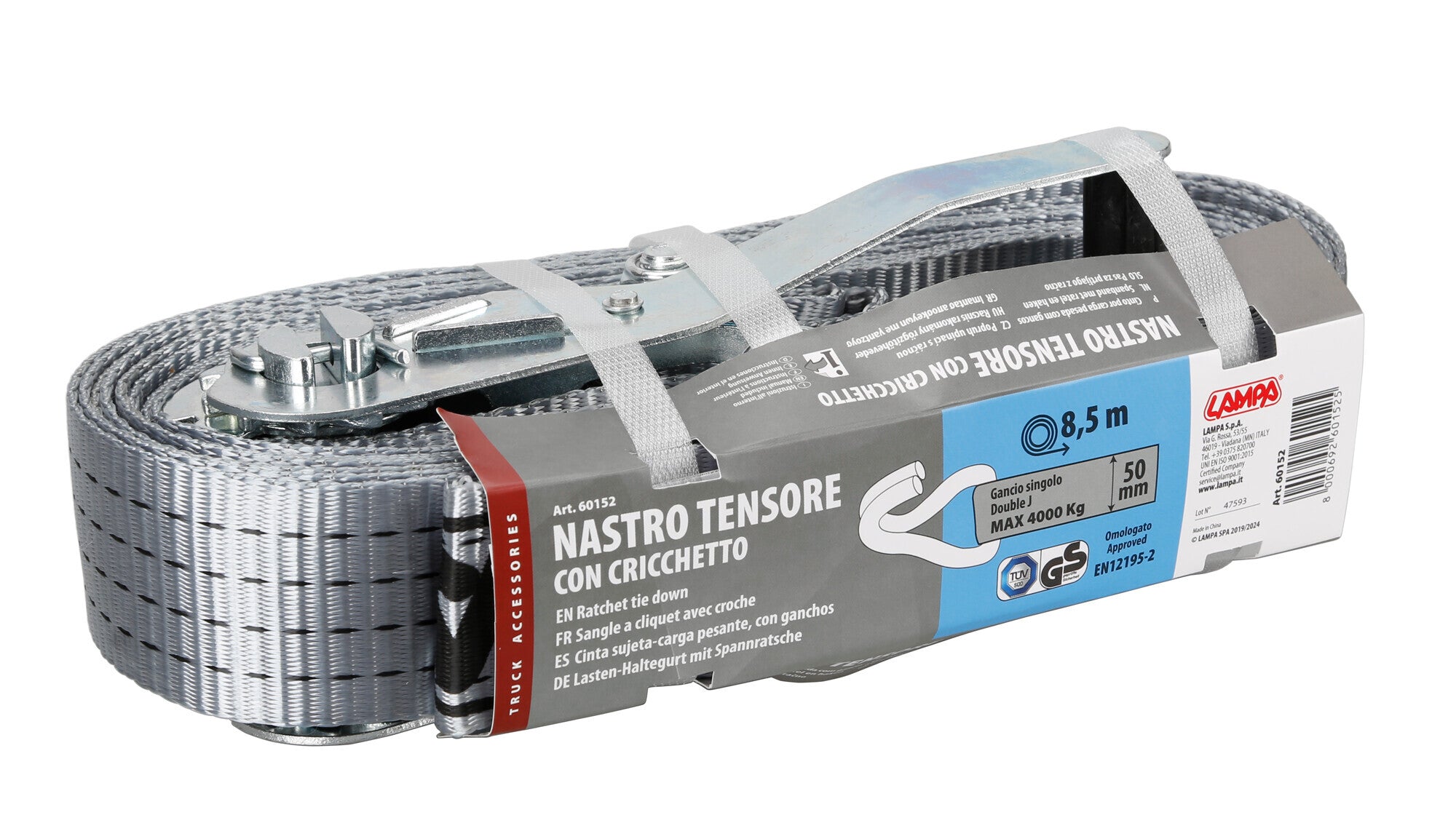 Nastro tensore con cricchetto - Gancio singolo - 8,5 m