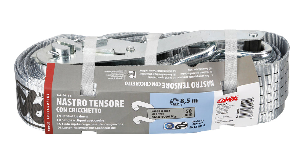 Nastro tensore con cricchetto - Gancio sponda - 8,5 m