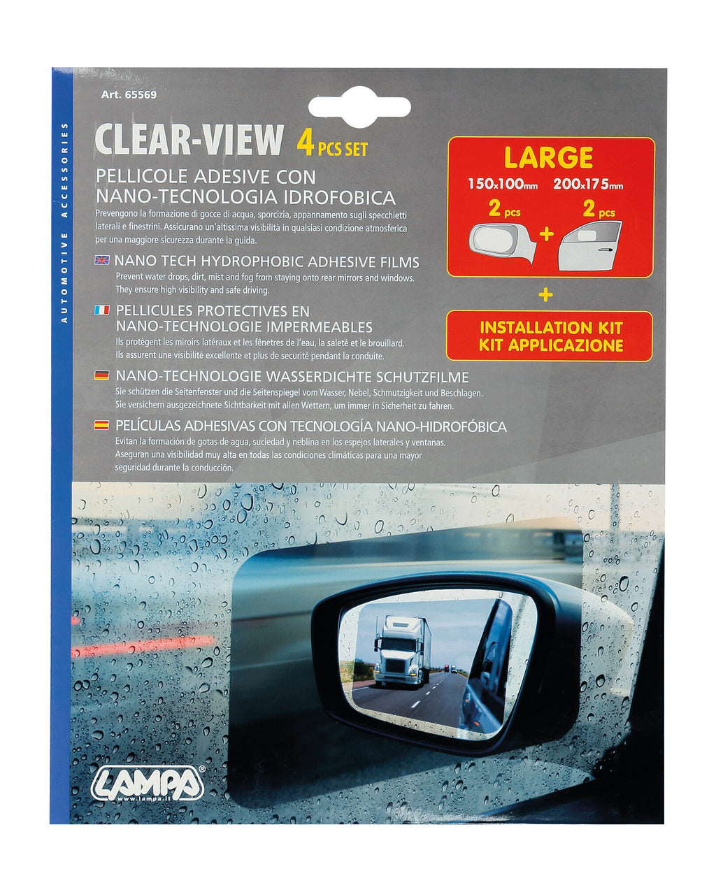 Clear-View, set 4 pellicole adesive con nano-tecnologia idrofobica - L - 150x100 mm