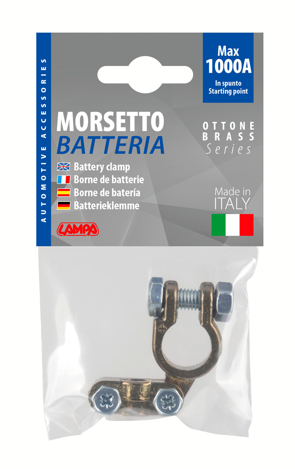 Morsetto batteria rinforzato; fissaggio cavo a piastrina - max cavo Ø 35 mm² - Polo positivo