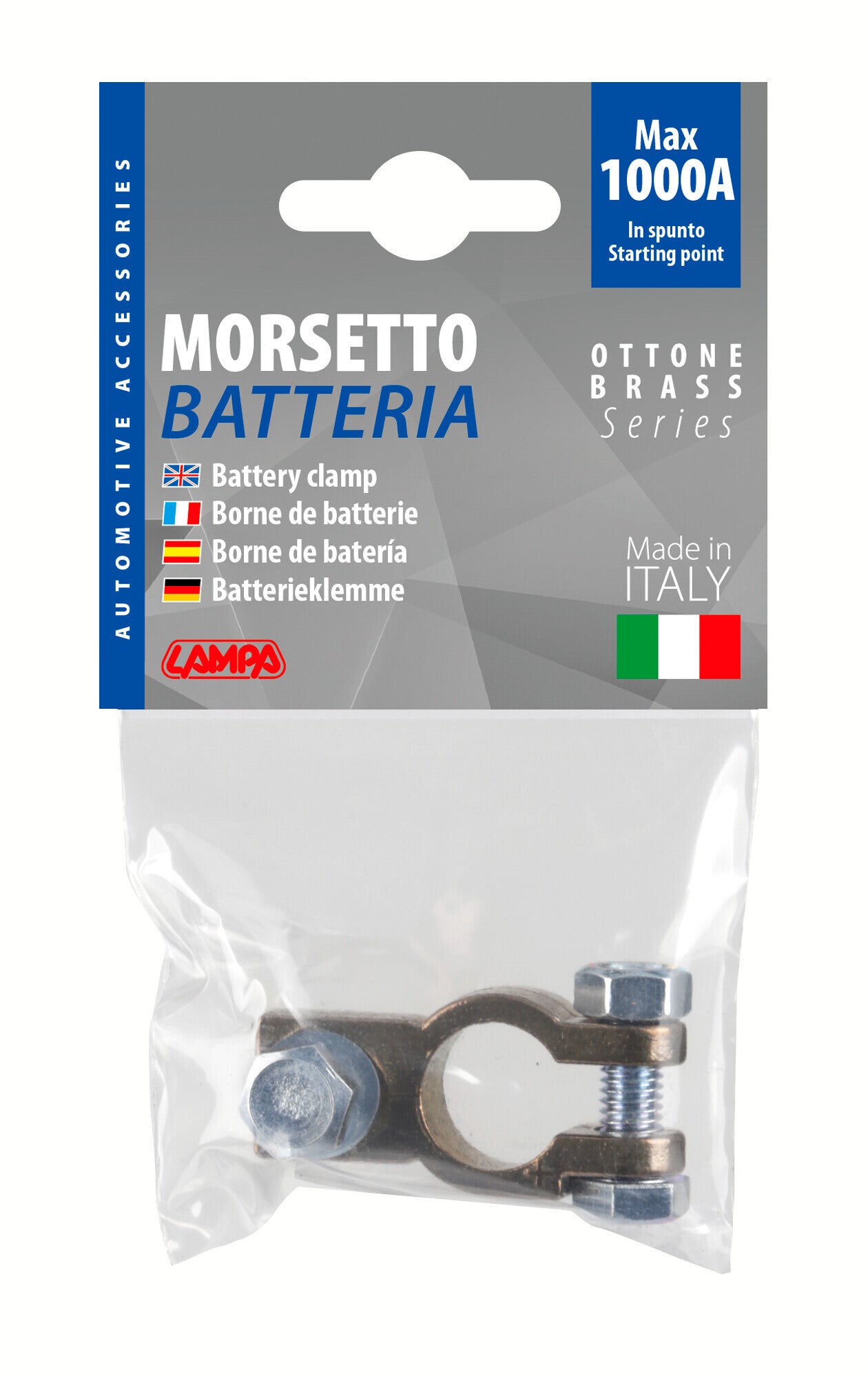 Morsetto batteria rinforzato; fissaggio cavo a capocorda su vite - foro capocorda Ø 8 mm - Polo positivo