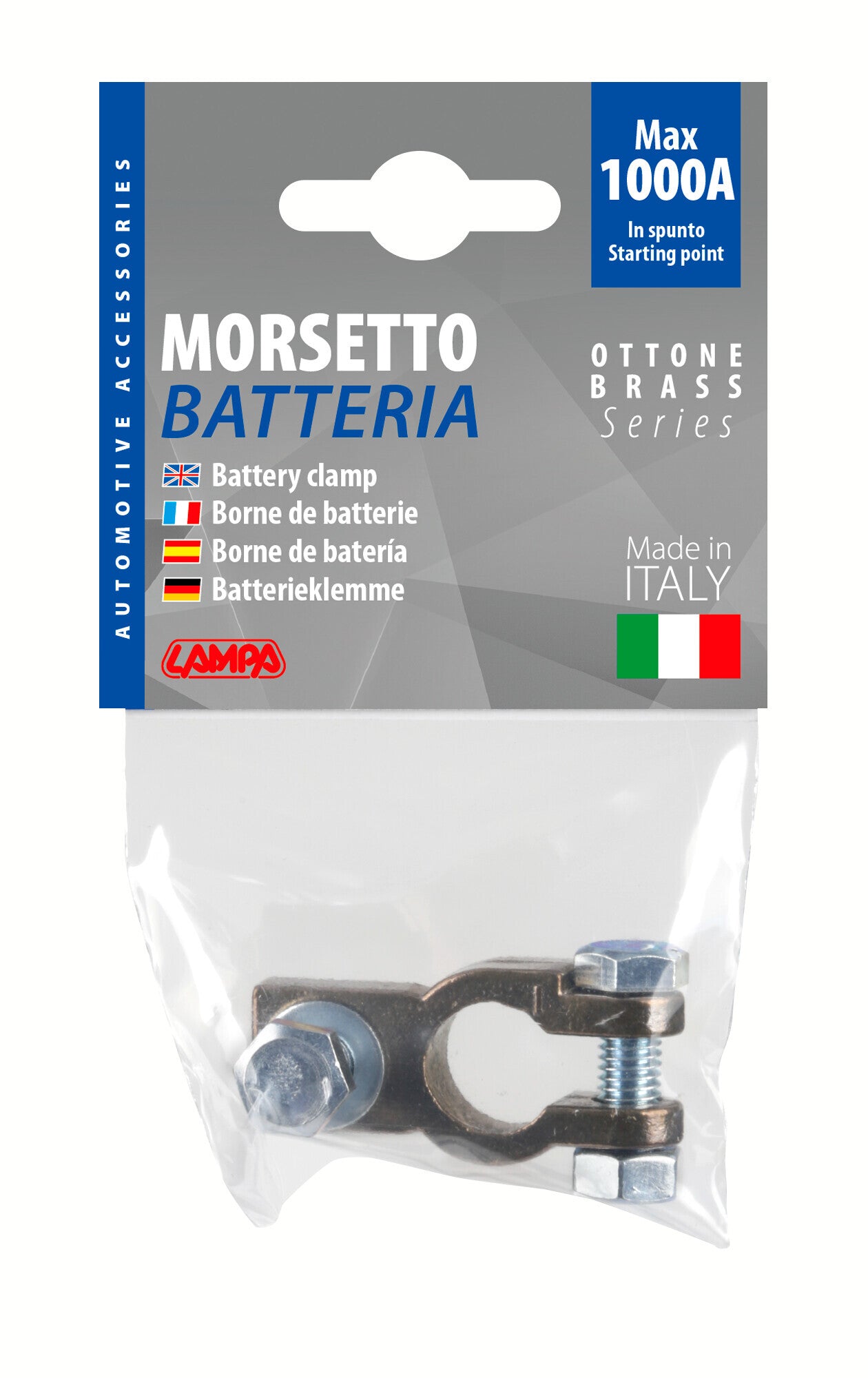 Morsetto batteria rinforzato; fissaggio cavo a capocorda su vite - foro capocorda Ø 8 mm - Polo negativo