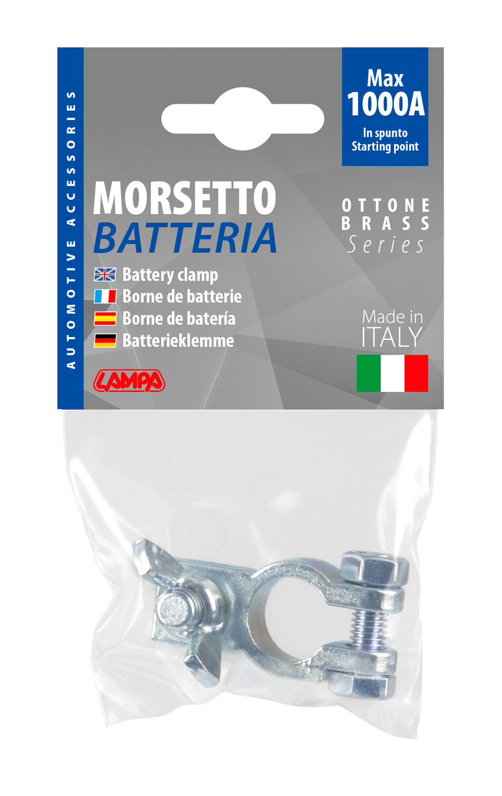 Morsetto batteria zincato; fissaggio cavo a capocorda con dado ad aletta - Polo positivo - Foro capocorda Ø 10 mm