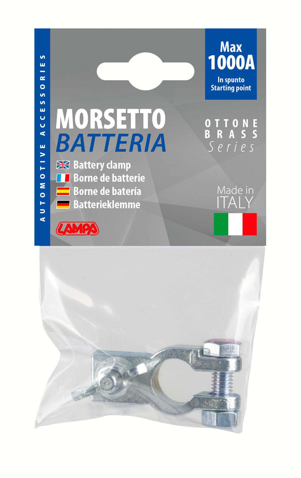 Morsetto batteria zincato; fissaggio cavo a capocorda con dado ad aletta - Polo negativo - Foro capocorda Ø 8 mm