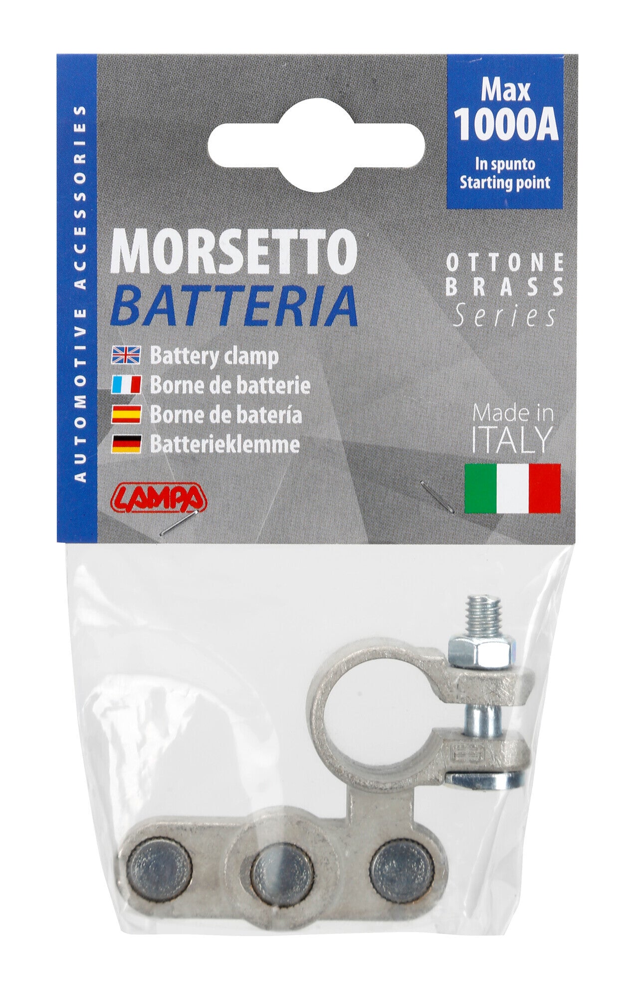 Morsetto batteria zincato; fissaggio cavo a capocorda su vite - foro capocorda Ø 6/6/6 mm - Polo positivo