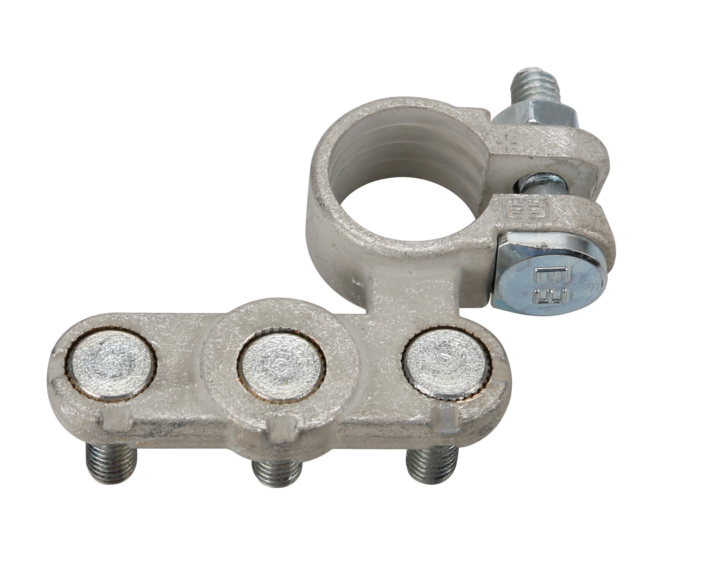 Morsetto batteria zincato; fissaggio cavo a capocorda su vite - foro capocorda Ø 6/6/6 mm - Polo positivo