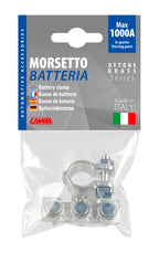 Morsetto batteria zincato; fissaggio cavo a capocorda su vite - foro capocorda Ø 6/6/6 mm - Polo negativo