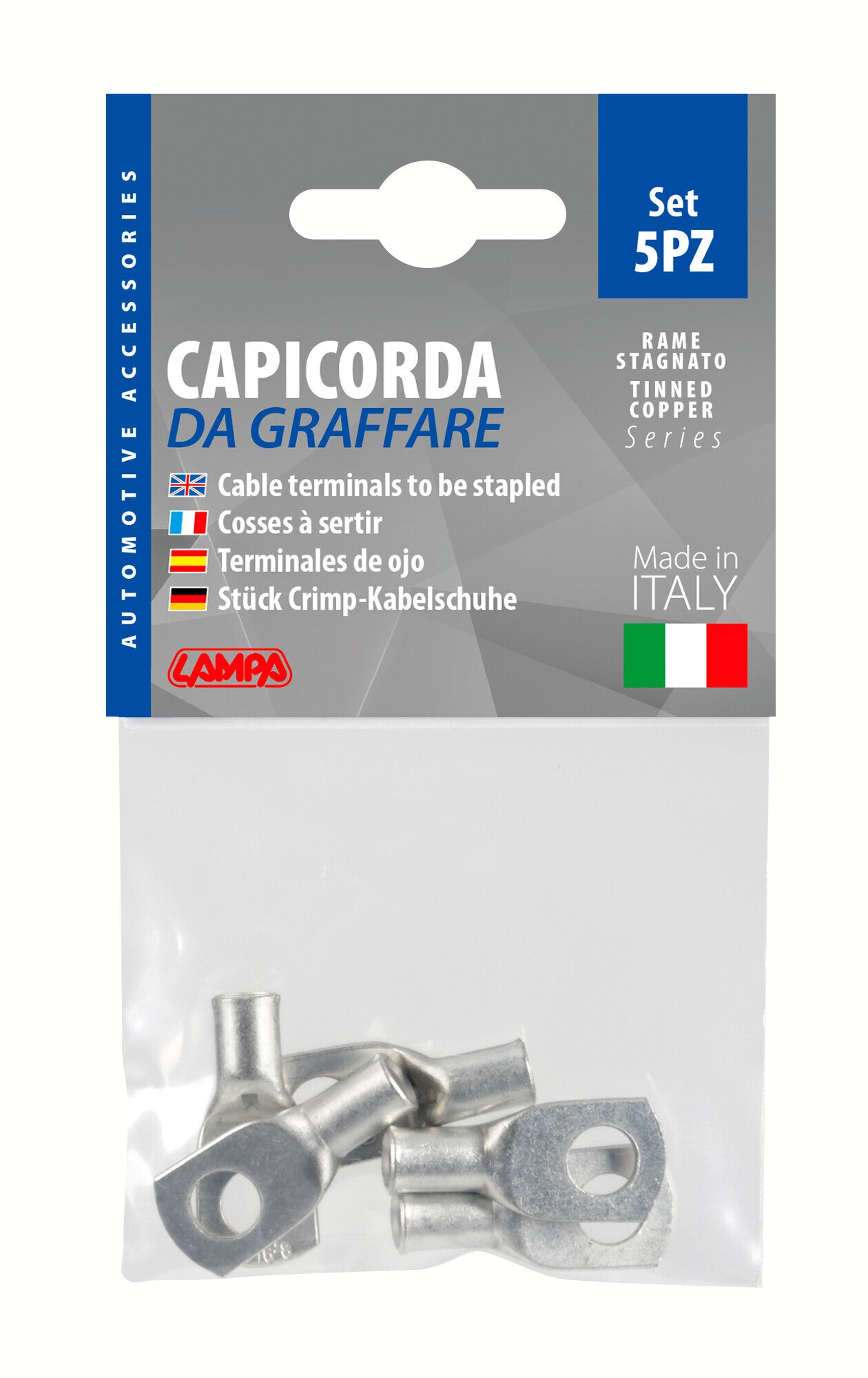Set 5 pz capicorda da graffare in rame stagnato - sezione 16 mm² - foro 8 mm
