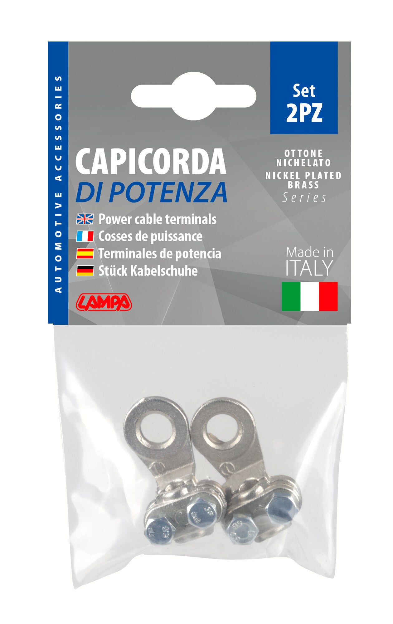 Set 2 pz capicorda di potenza in ottone nichelato, con fissaggio cavo a piastrina - Sezione 16 mm², foro 8 mm
