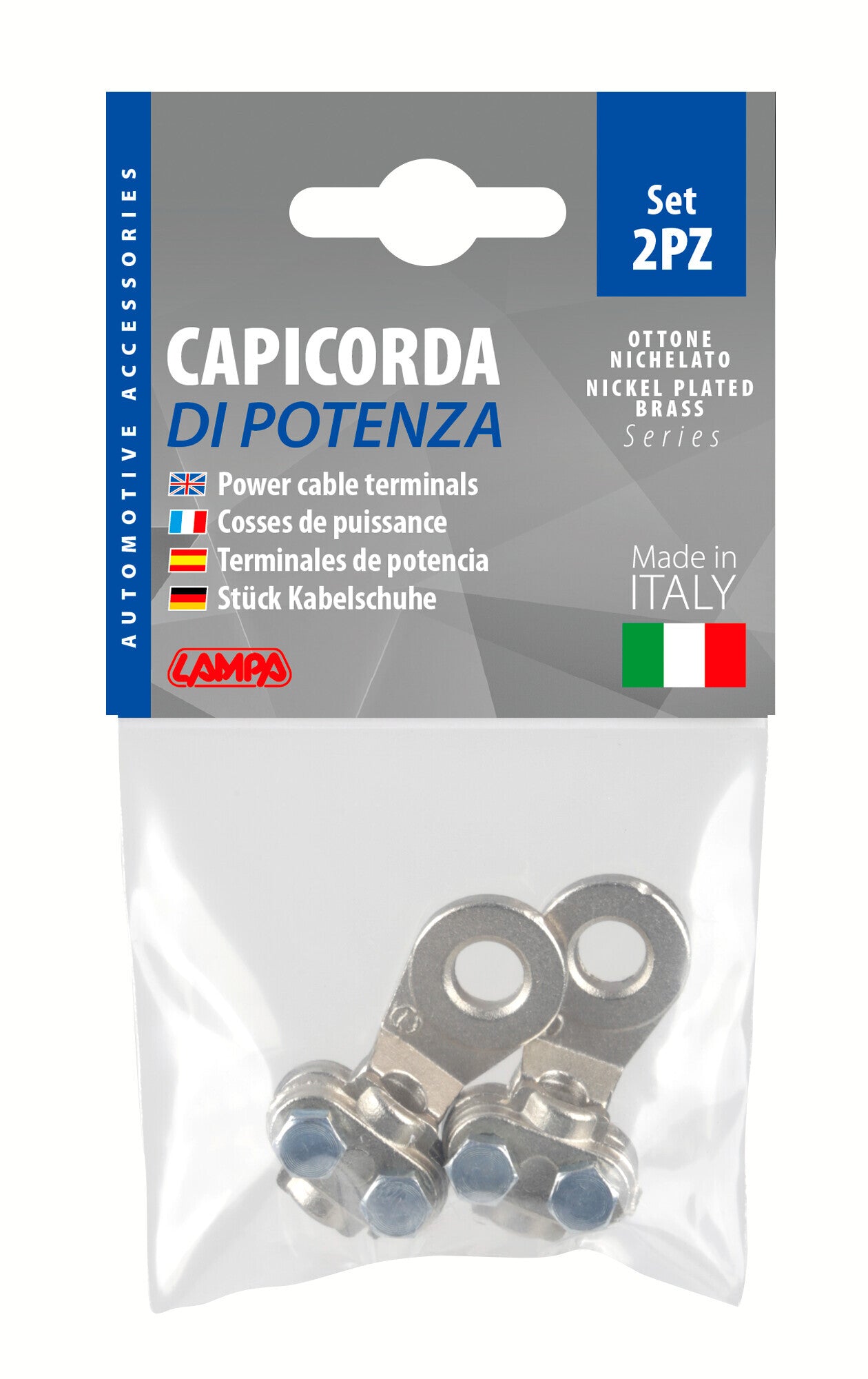 Set 2 pz capicorda di potenza in ottone nichelato, con fissaggio cavo a piastrina - Sezione 25 mm², foro 8 mm