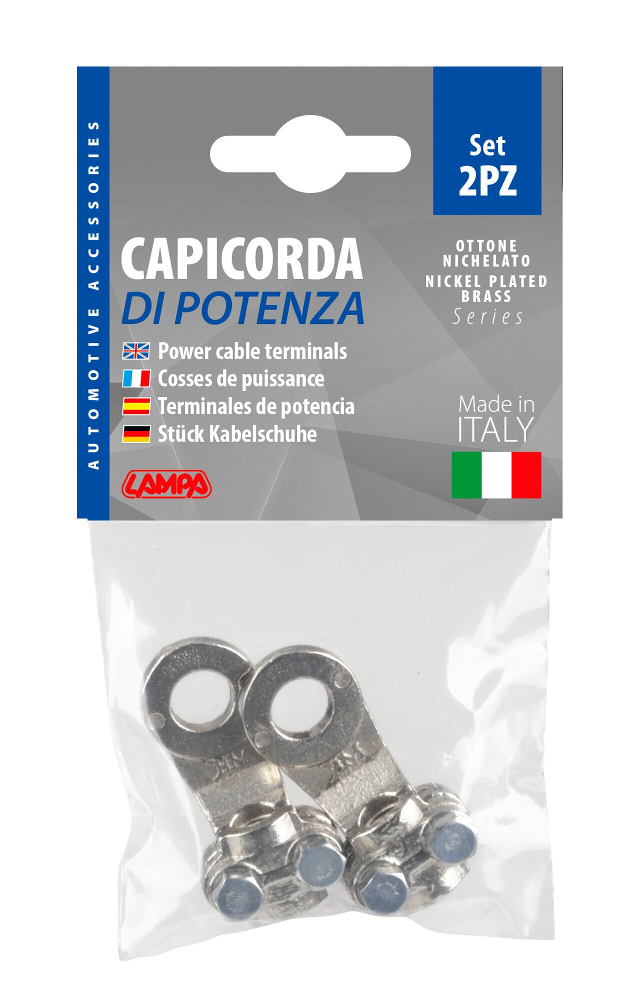 Set 2 pz capicorda di potenza in ottone nichelato, con fissaggio cavo a piastrina - Sezione 35 mm², foro 10 mm