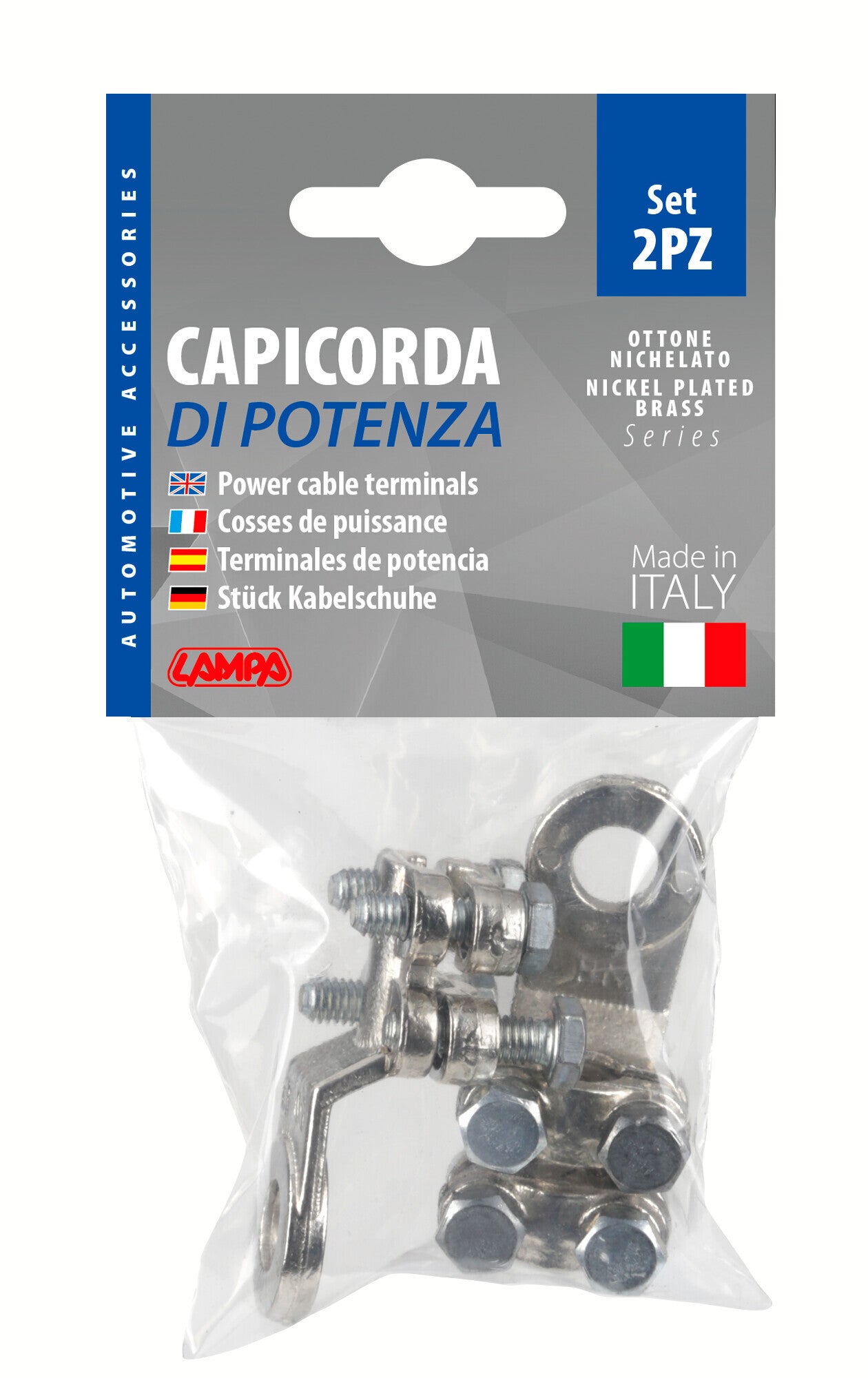 Set 2 pz capicorda di potenza in ottone nichelato, con fissaggio cavo a doppia piastrina - Sezione 50 mm², foro 10 mm