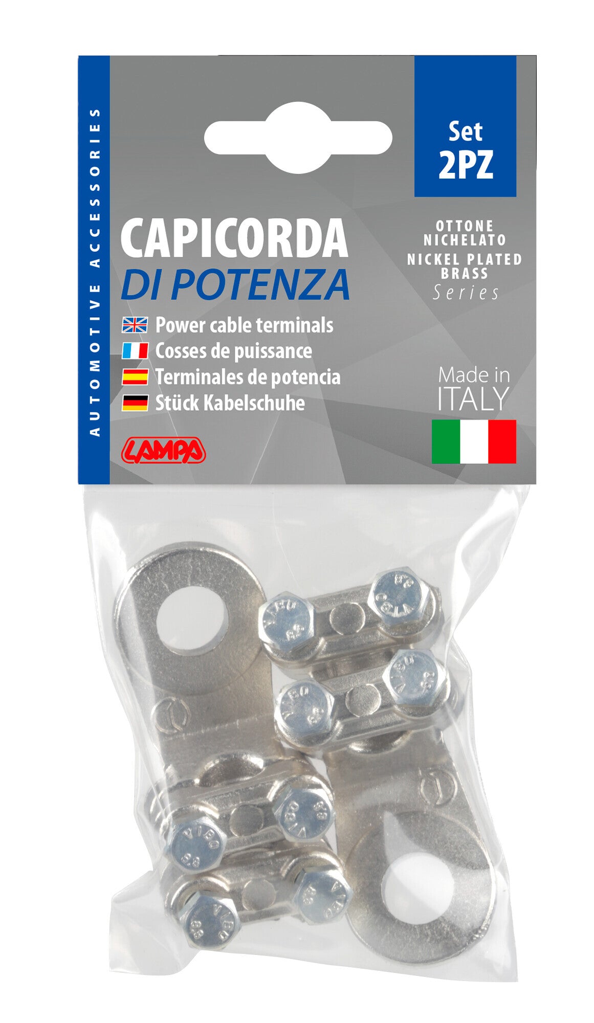 Set 2 pz capicorda di potenza in ottone nichelato, con fissaggio cavo a doppia piastrina - Sezione 70 mm², foro 12 mm