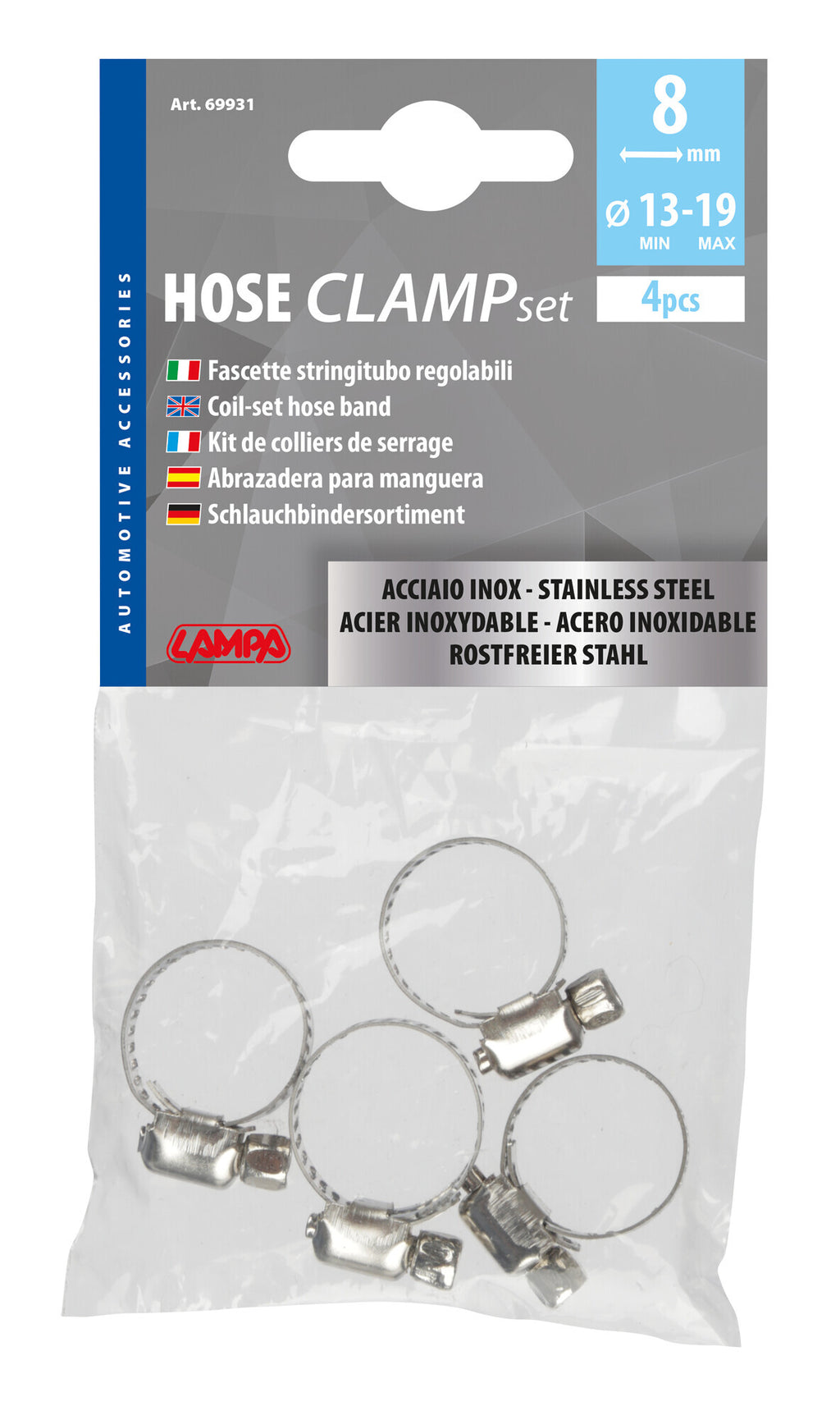 Fascette stringitubo in acciaio inox - set 4 pz - ↔ 8 mm - Ø 13-19 mm