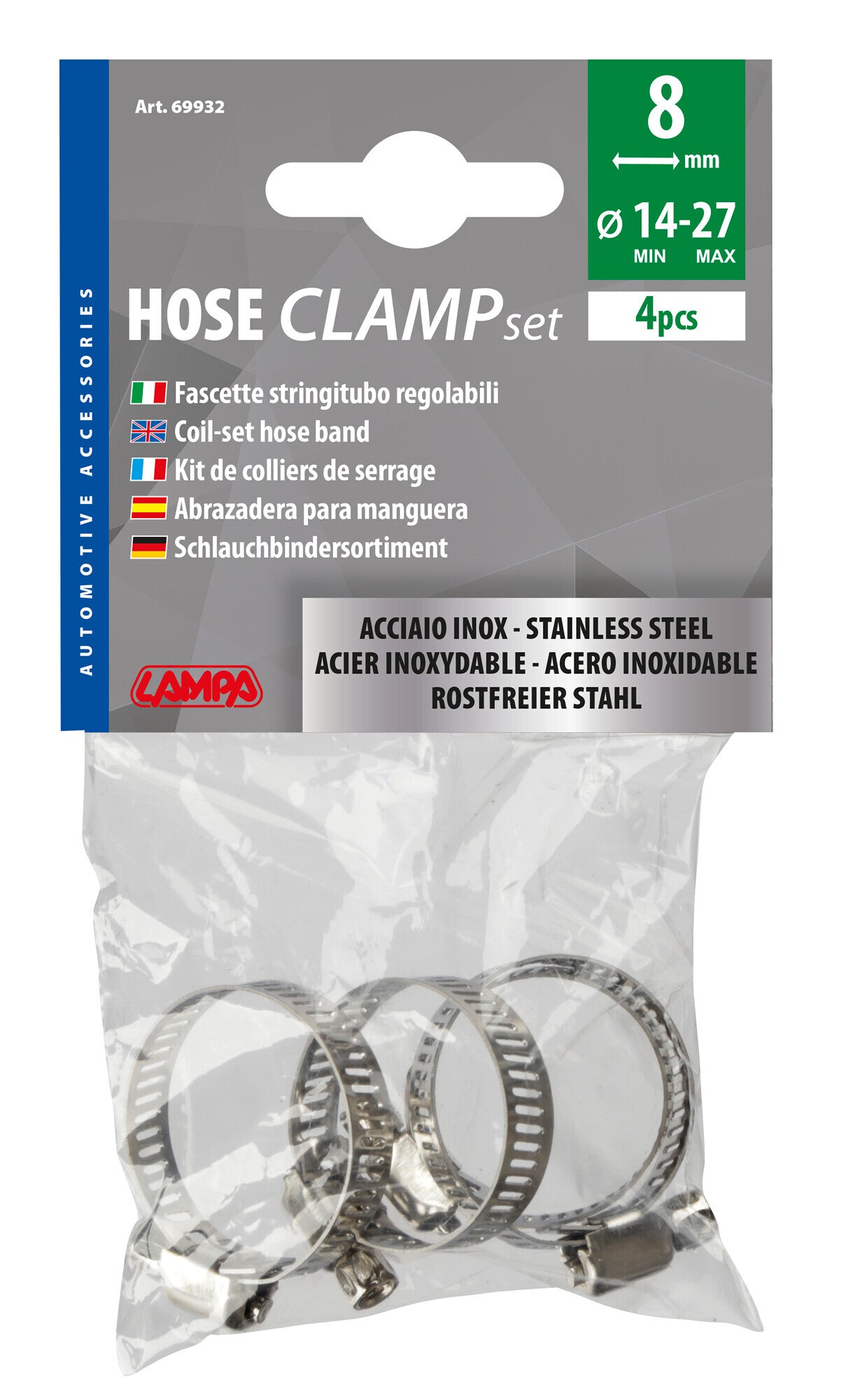 Fascette stringitubo in acciaio inox - set 4 pz - ↔ 8 mm - Ø 14-27 mm