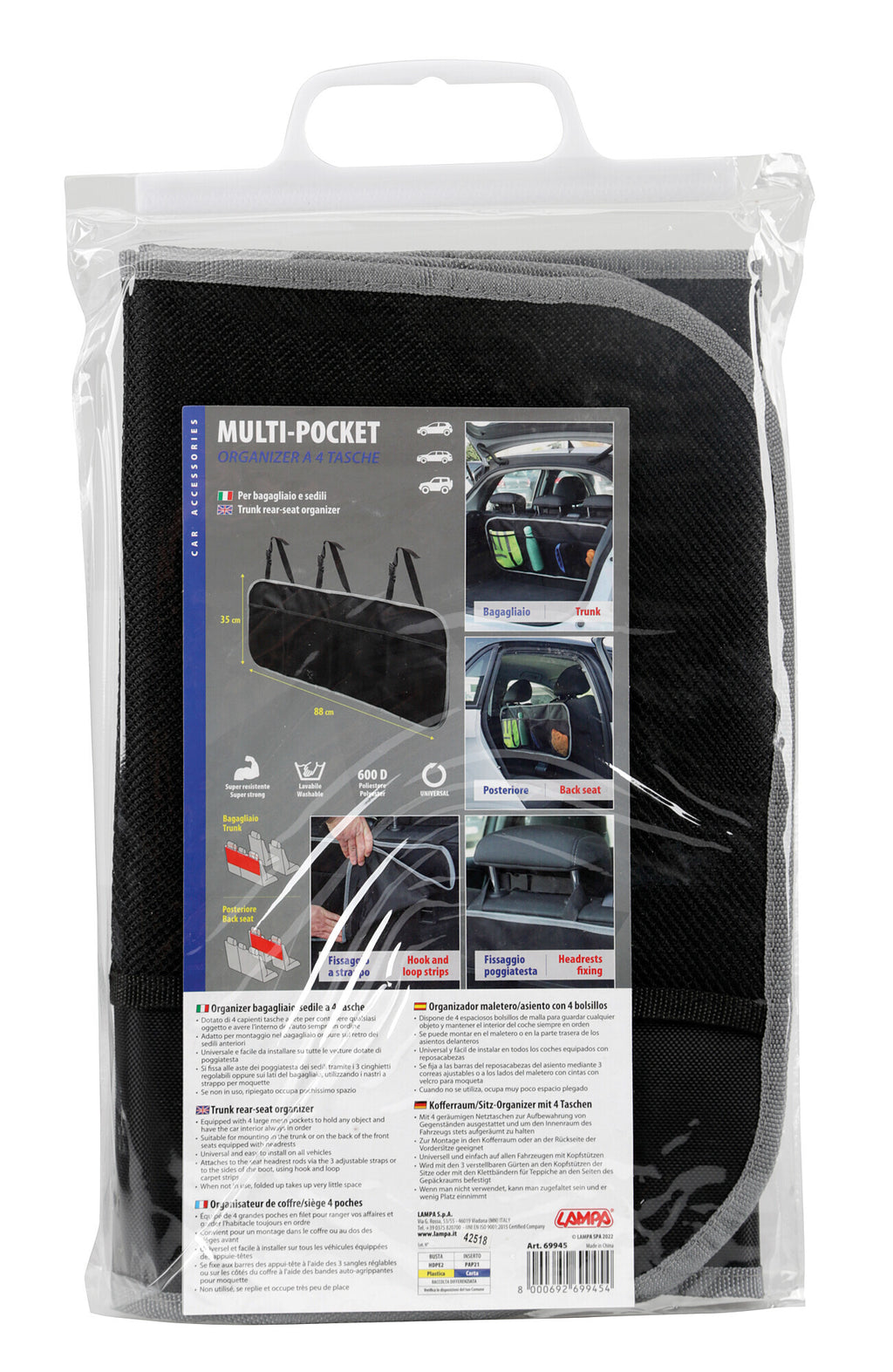 Multi-Pocket, organizer baule/sedile a 4 tasche