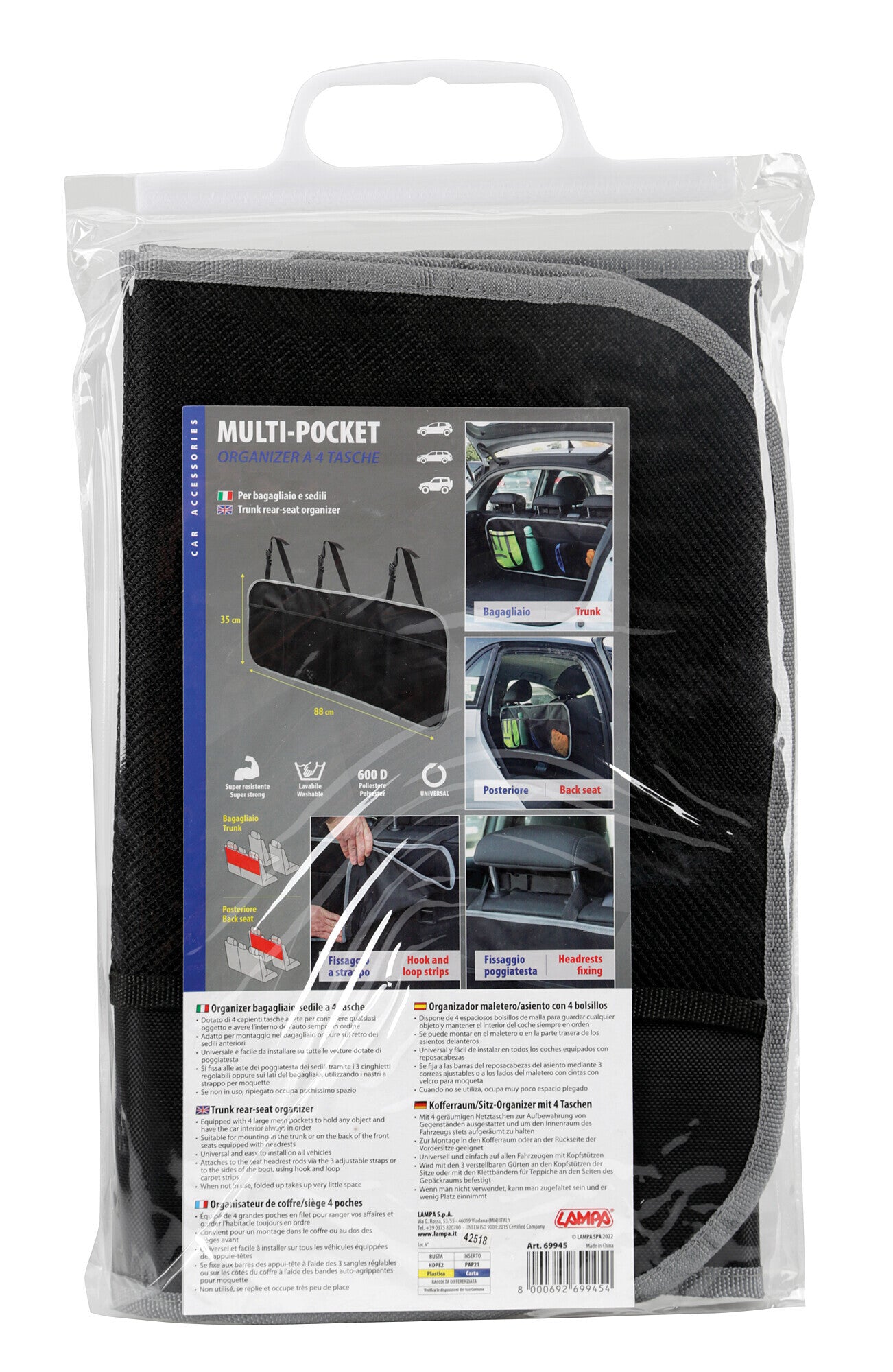 Multi-Pocket, organizer baule/sedile a 4 tasche
