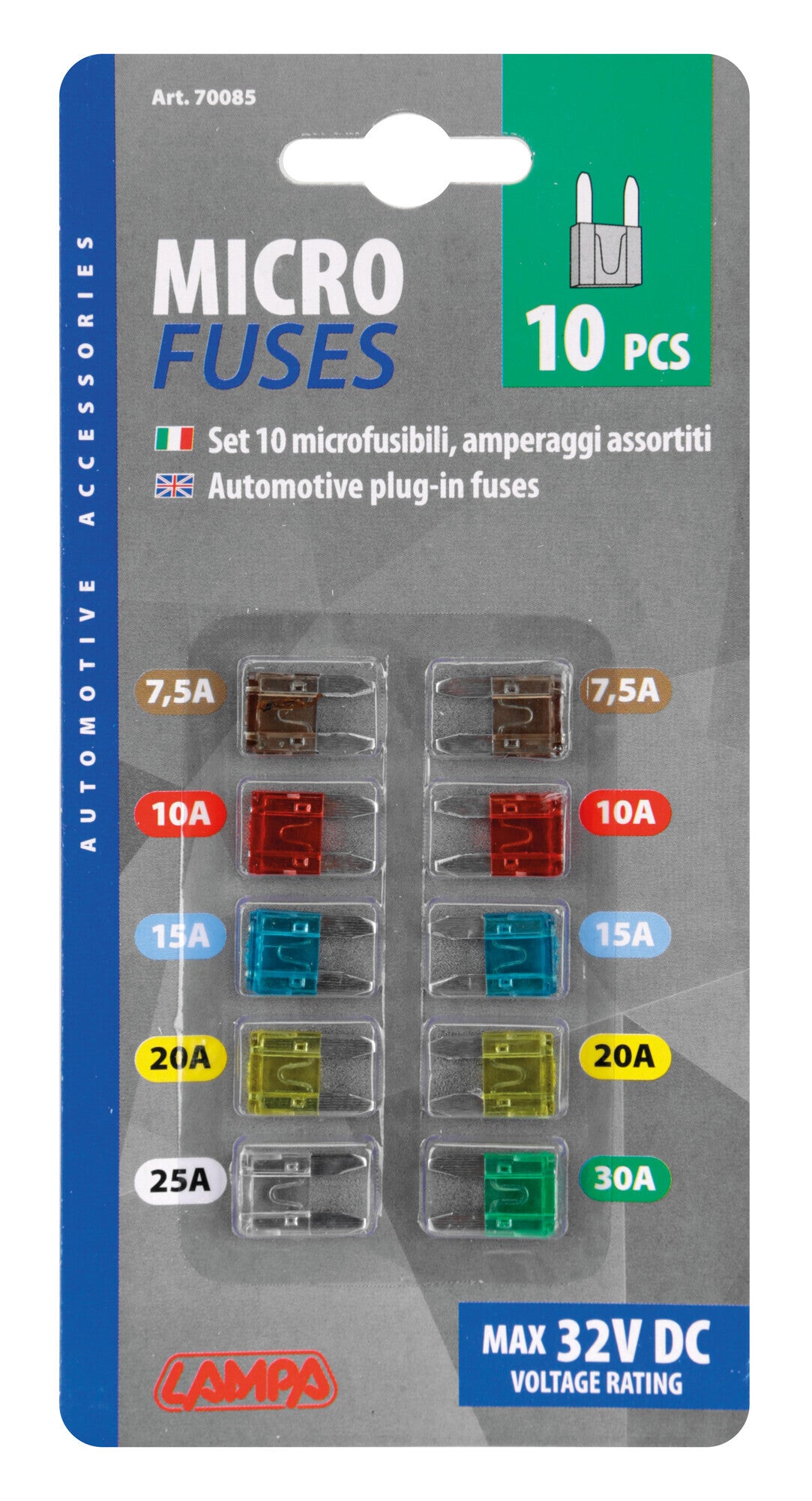Set 10 micro-fusibili lamellari assortiti, 12/32V