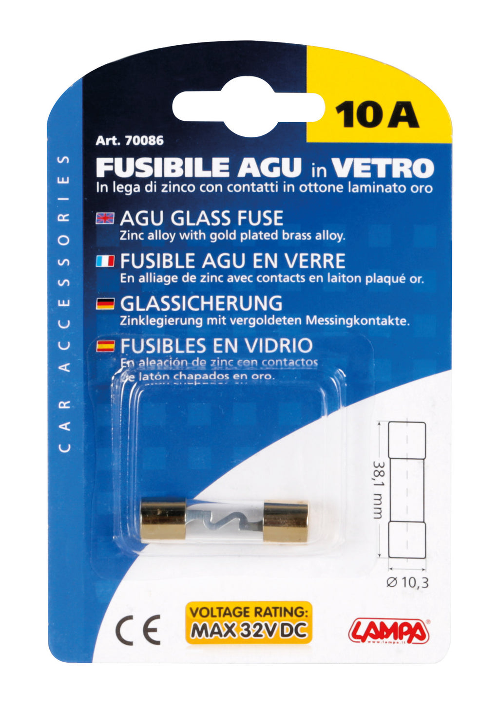 Fusibile AGU in vetro, 12/32V - 10A