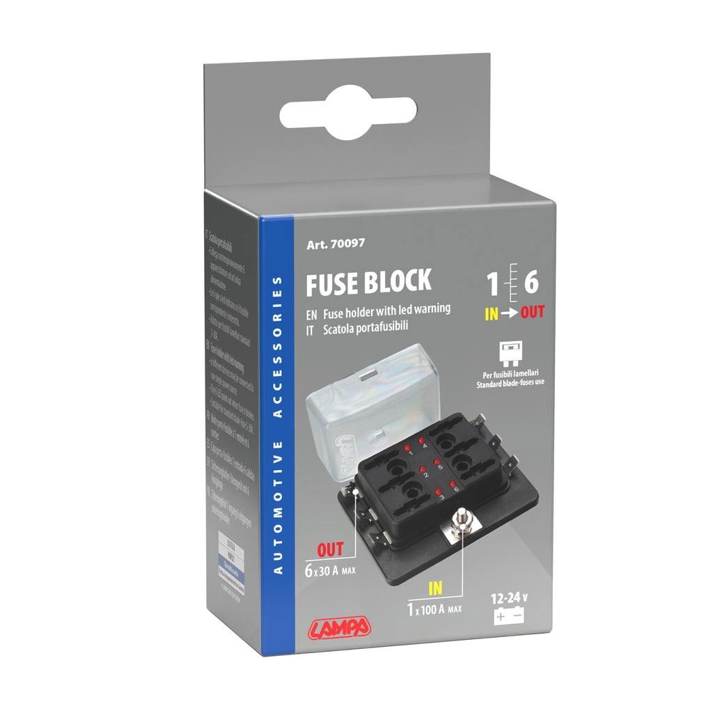 Fuse Block, scatola portafusibili, 1 entrata - 6 uscite, 12/24V