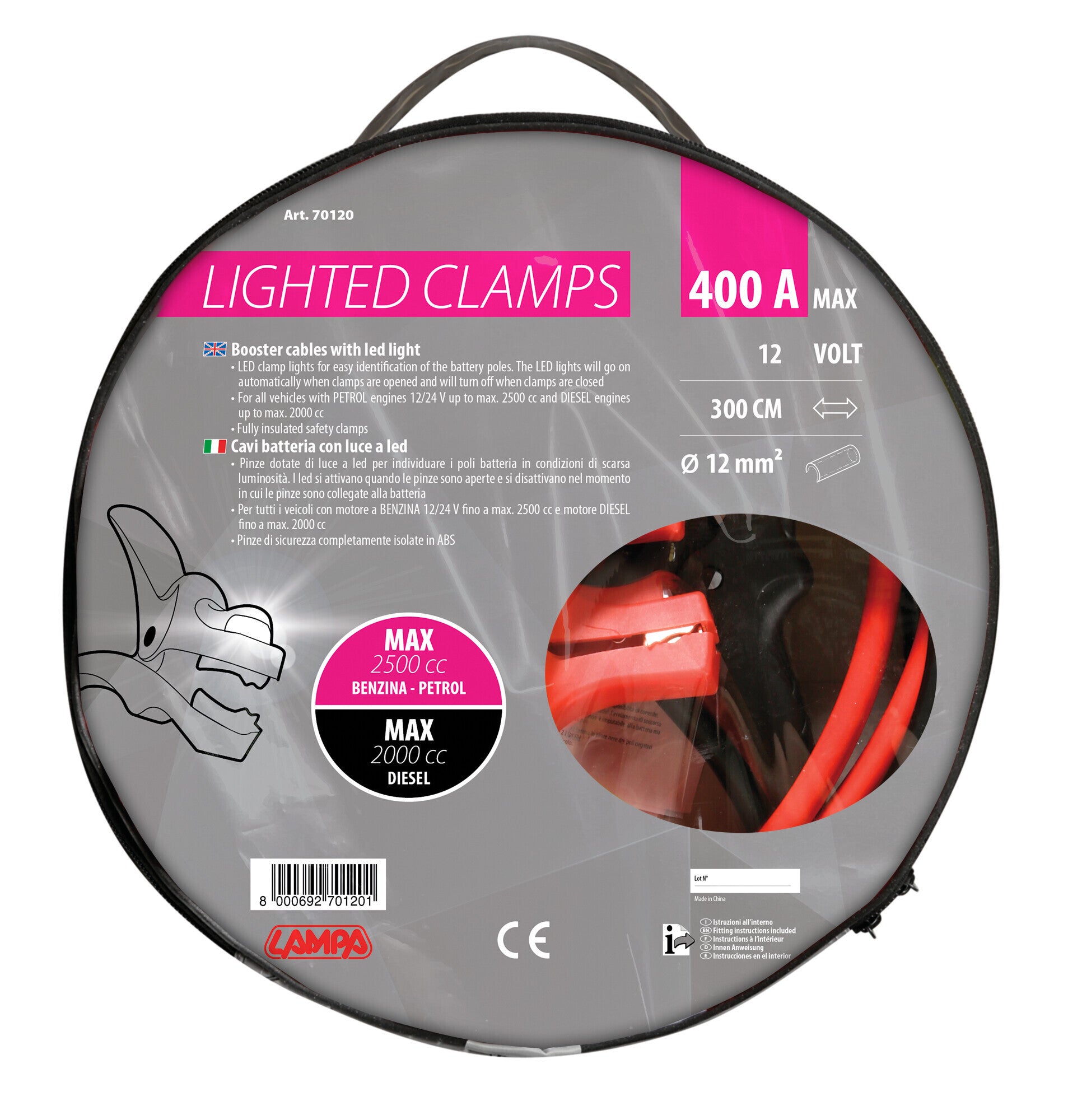 Cavi batteria con pinze isolate, 12V - 300 cm - 400 A - 12 mm²