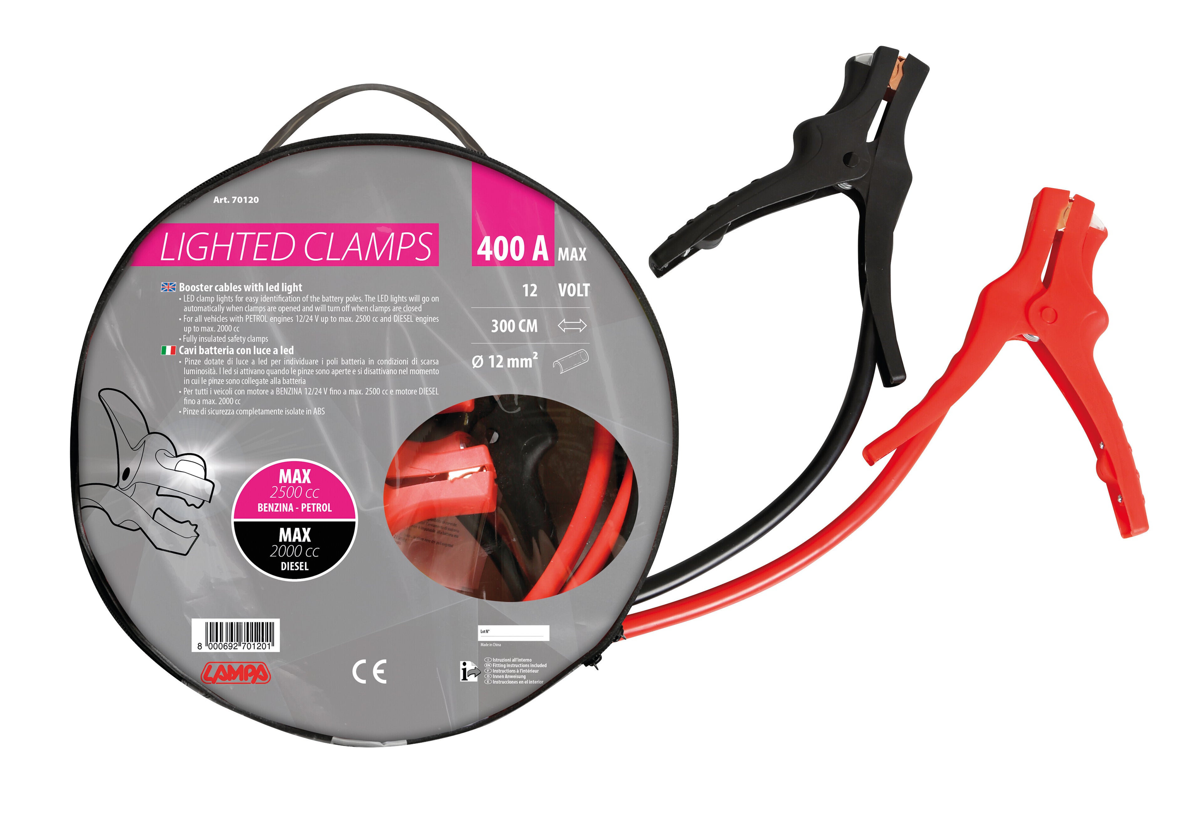 Cavi batteria con pinze isolate, 12V - 300 cm - 400 A - 12 mm²