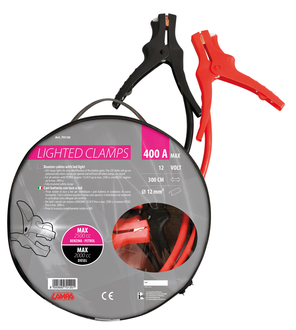Cavi batteria con pinze isolate, 12V - 300 cm - 400 A - 12 mm²