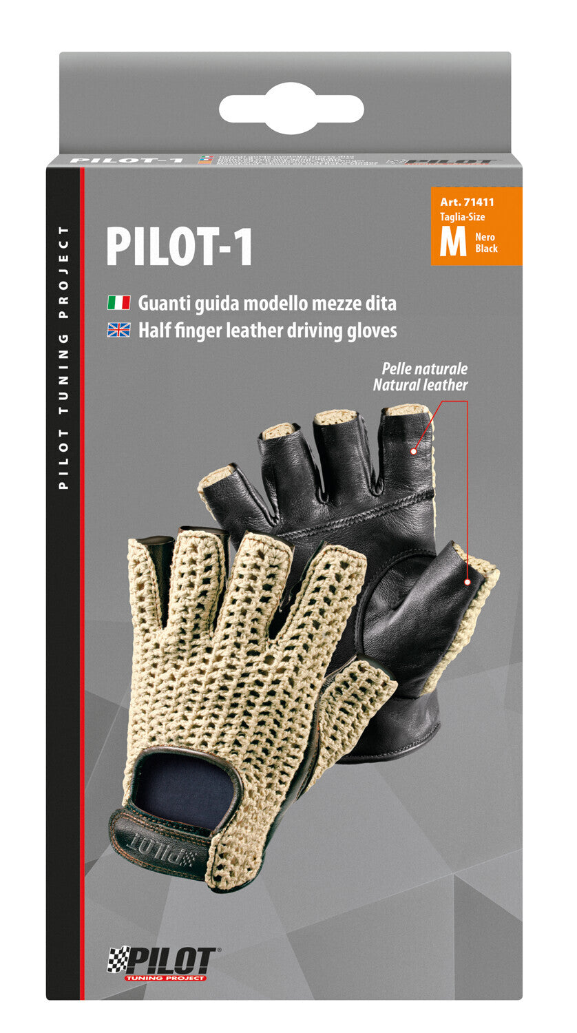 Pilot-1, guanti guida mezze dita - M - Nero