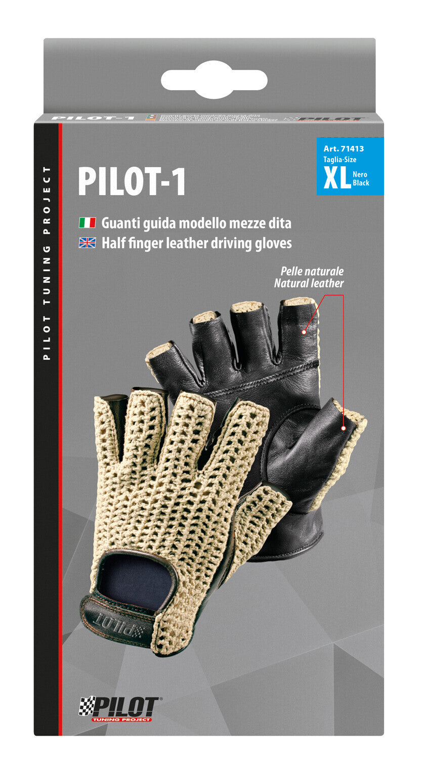 Pilot-1, guanti guida mezze dita - XL - Nero